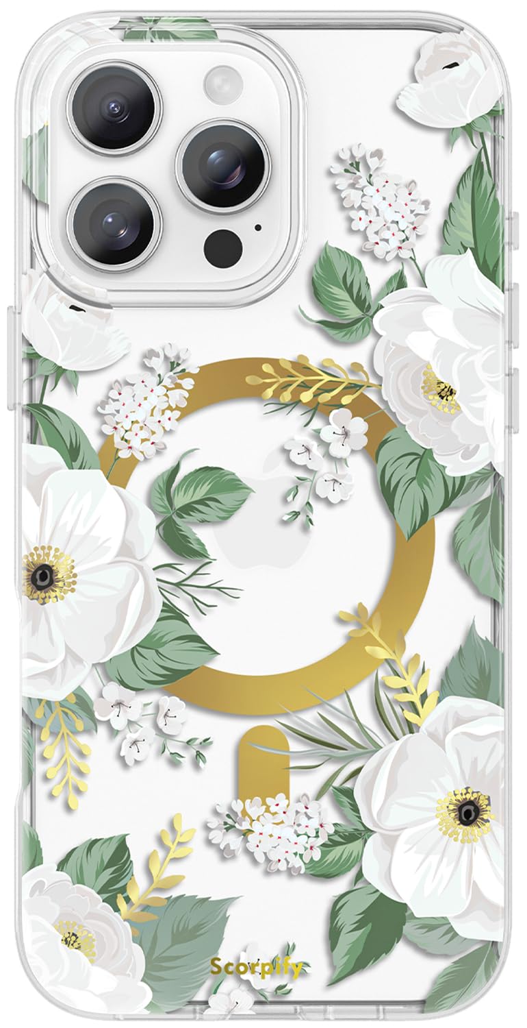 Scorpify For Iphone 16 Pro Max Case [Compatible With Magsafe] With White Rose Floral Design, Cute Clear Flower Magnetic Phone Co