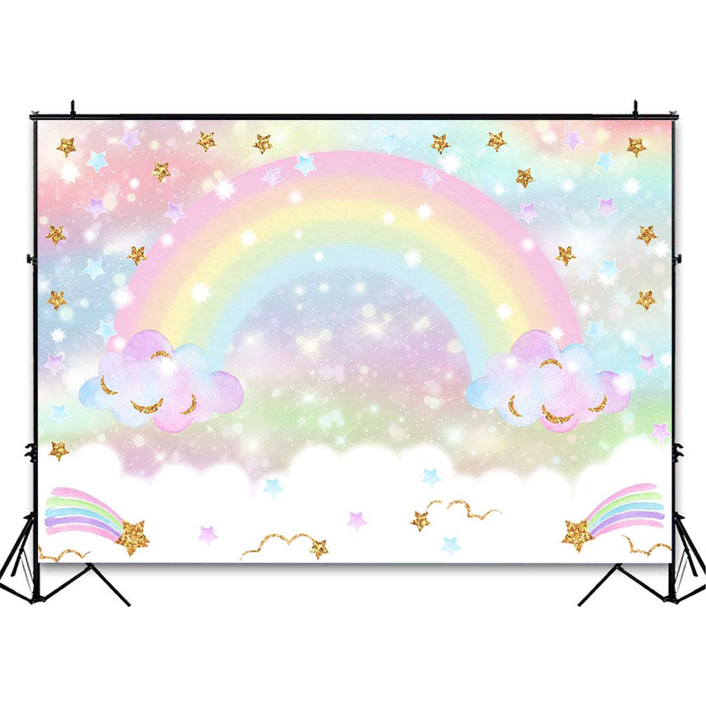 Avezano Rainbow Backdrop For Girls Birthday Party 7X5Ft Glitter Star Rainbow Sky Cloud Photography Background Pastel Rainbow Par