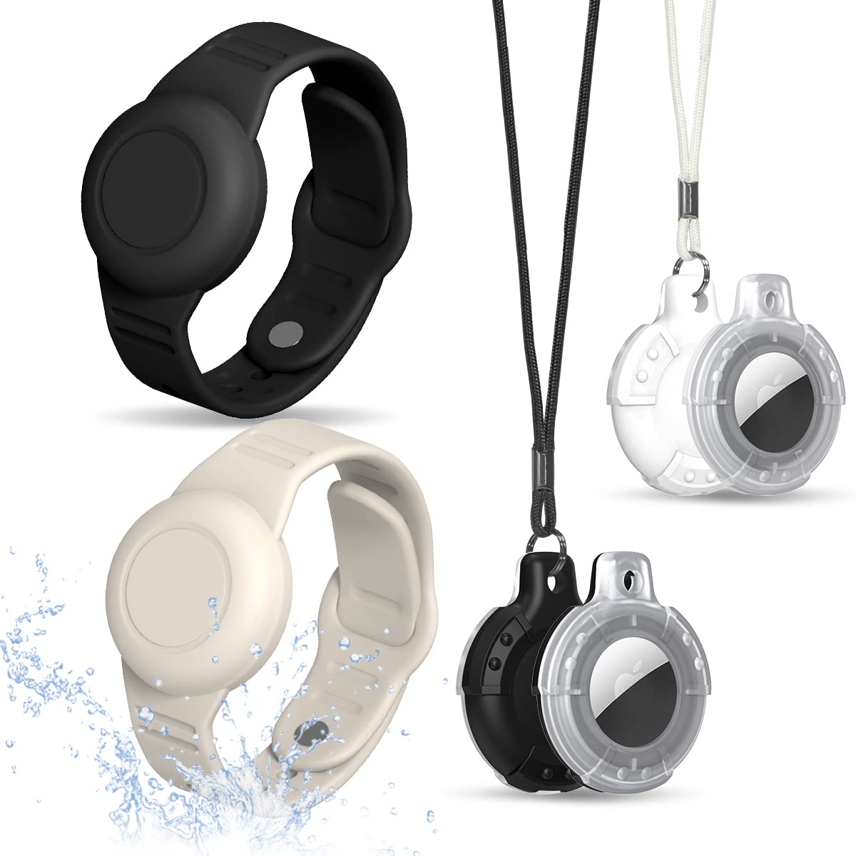 Toluohu Airtag Case, Waterproof Airtag Bracelet & Necklace For Kids, Soft Silicone Air Tag Holder With Key Ring (Black+ Beige, W