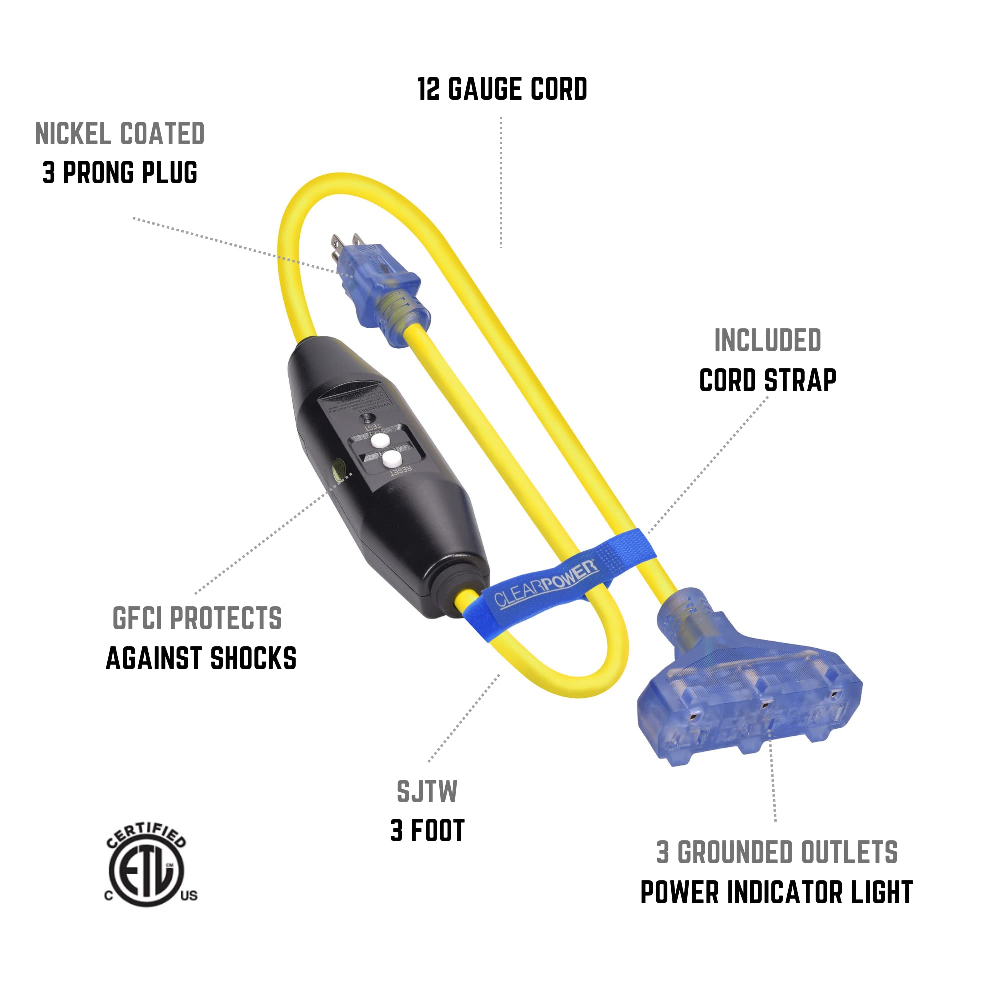 Clear Power 3 Ft 12/3 Sjtw, 3 Outlet Extra Heavy Duty Outdoor Extension Cord Adapter, With Gfci,Yellow, Water & Weather Resistan