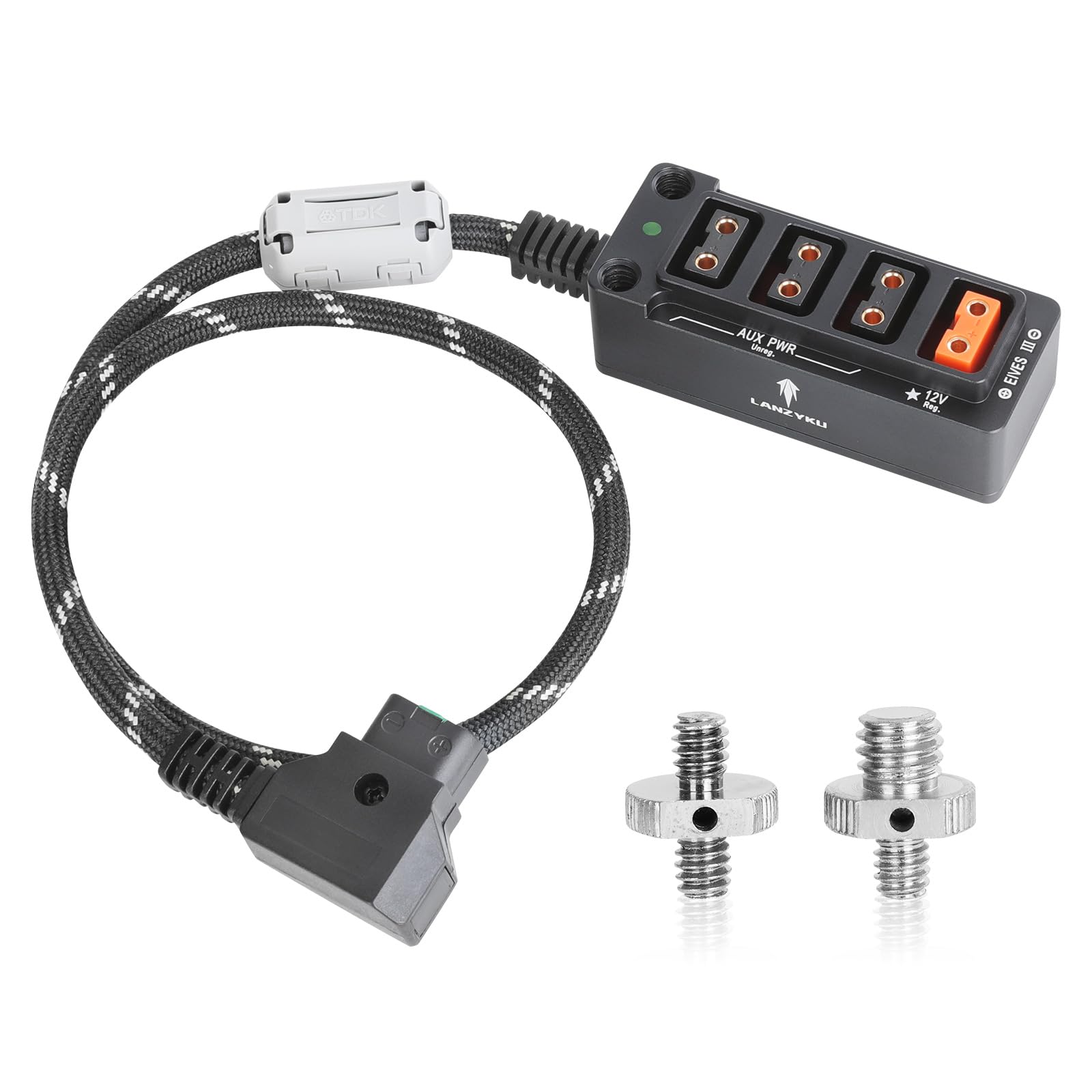 12V Regulated Surge Protection Metal P Tap D Tap Splitter For Arri|Red|Sony|Teradek |Smallhd|Dji|Tilta |Smallrig|V Mount|Gold Mount, 1/4' 20 Screw Threads Braided Kevlar Cable 17.7 Inches(Black