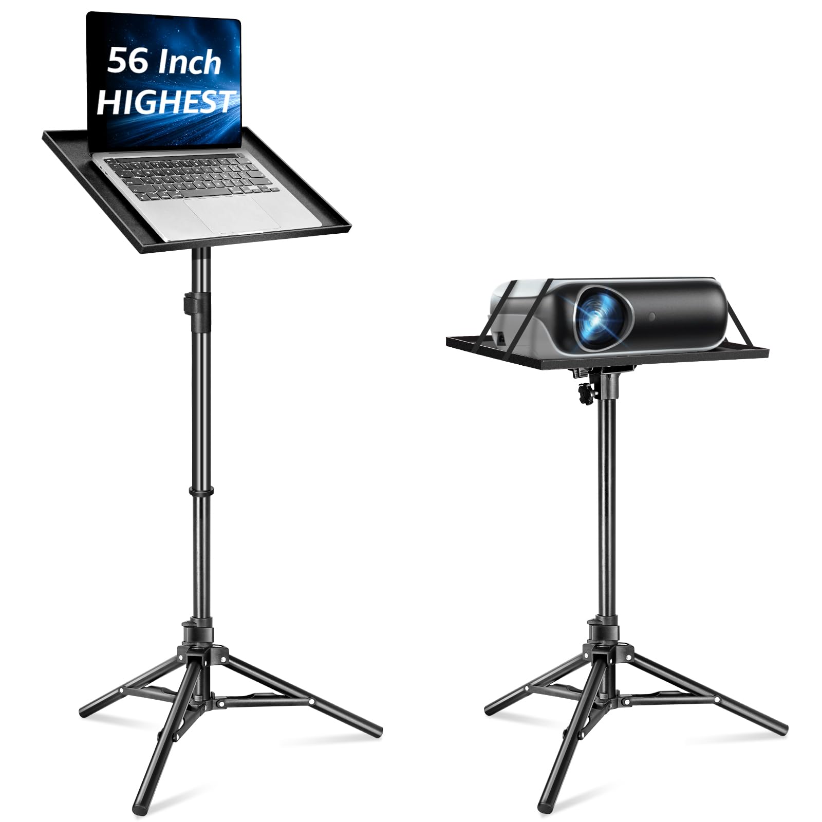Lusweimi Projector Stand Tripod, 56 Inch Height Adjustable Laptop Stand with 16x11 Inch Tray, Portable Projector Mount, Stable T