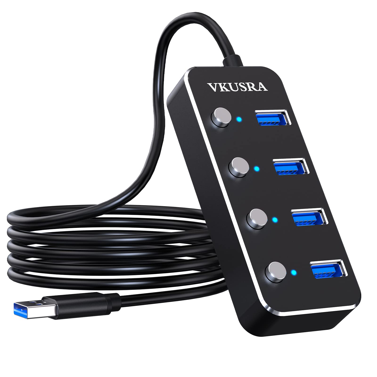 Usb Hub,Vkusra 4 Port Usb 3.0 Hub Splitter With 4Ft Usb Long Cable And Individual Led On/Off Switch,Usb Port Expander For Laptop Pc