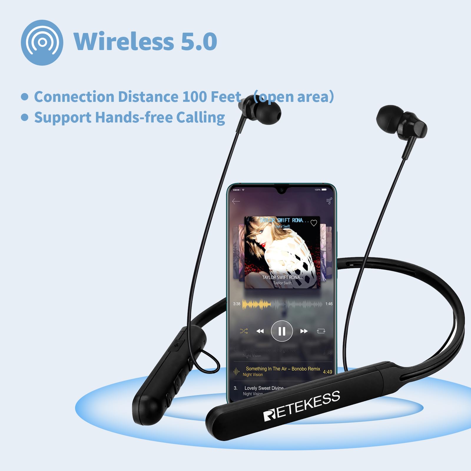 Retekess Tr108 Fm Radio Headphones, Radio Headset With Wireless, Support Fm Stereo, Wireless Call, Rechargeable Battery And Digital Display, Suit For Walking (Neckband)