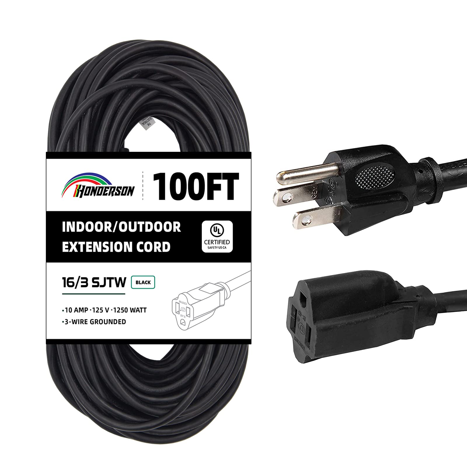 Honderson 100Ft Outdoor Extension Cord 16/3 Sjtw Durable Black Extension Cable With 3 Prong Grounded Plug For Safety,Great For O