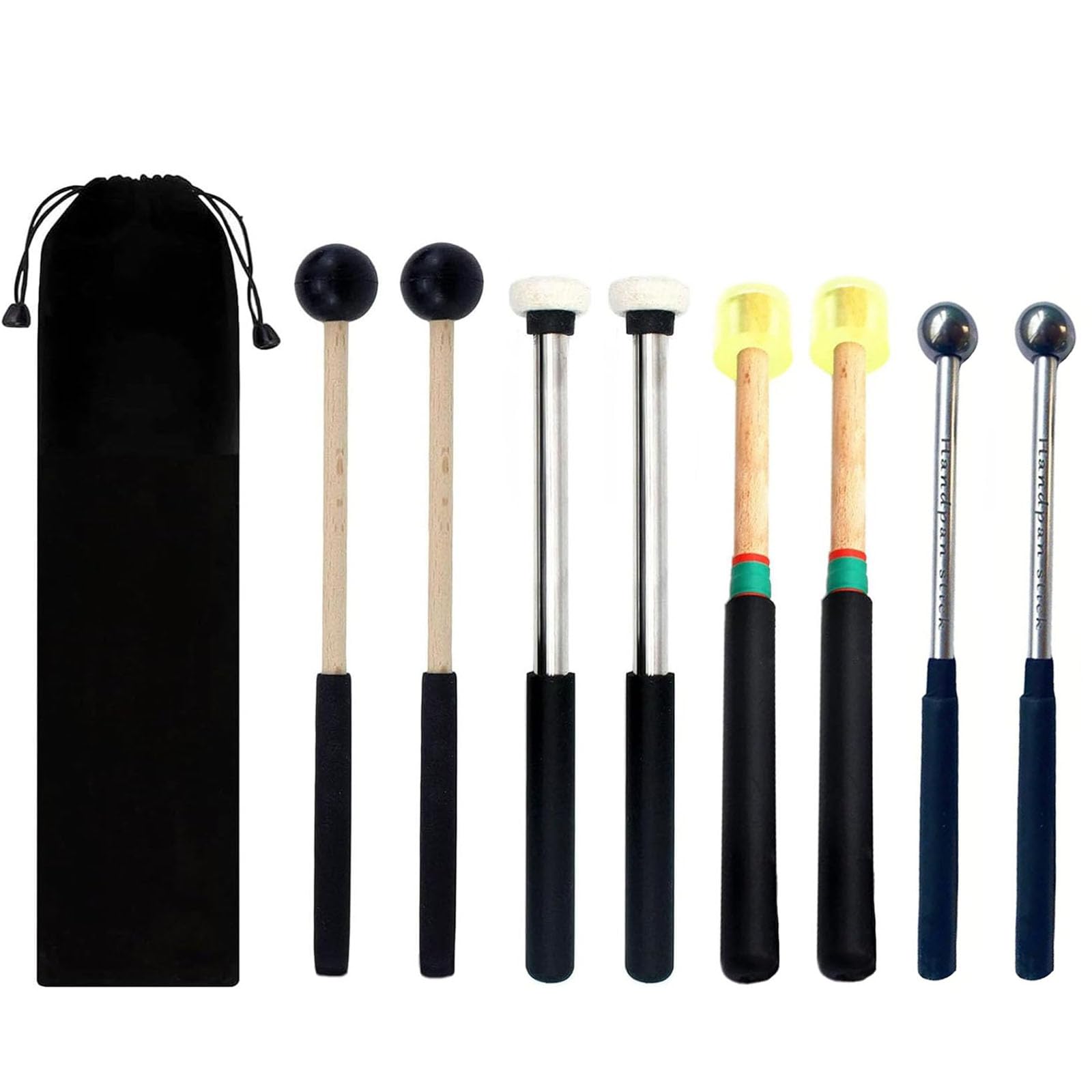 TUOREN 4 Pair Steel Tongue Drum Mallets with Storage Bag, 2 Pair Rubber Head Wood Glockenspiel Sticks, 1 Pair Steel Head and 1 P