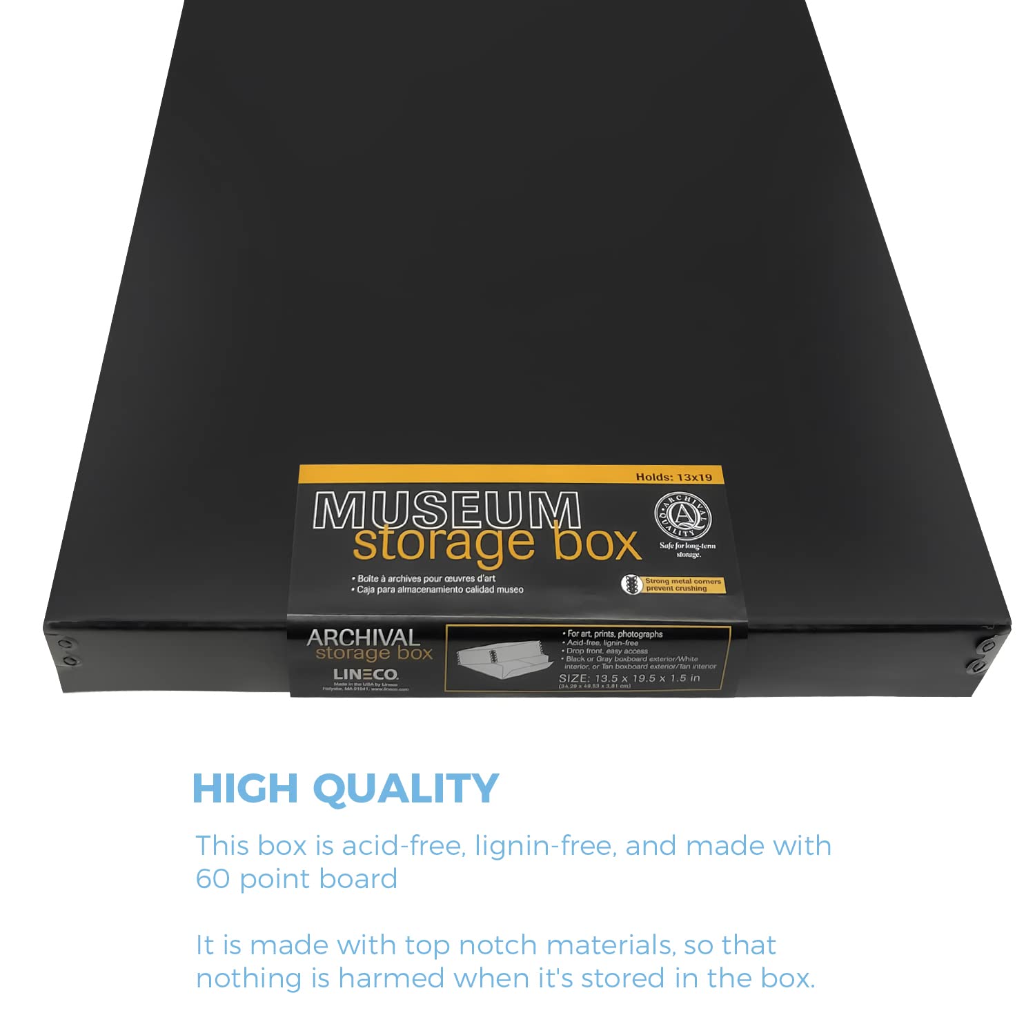 Lineco, Black 13X19 Museum Storage Box Removable Lid And Drop Front Design 13.5' X 19.5' X 1.5'. Archival With Metal Edge. Preserve Longevity, Photos, Documents, Cards, Magazines, Prints, Pack Of 2