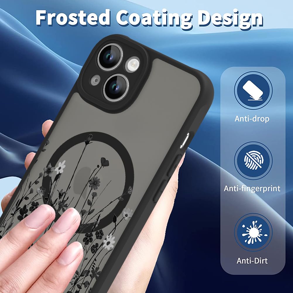 Ook Magnetic For Iphone 15 Plus Case [Compatible With Magsafe] Black Wild Flower Slim Translucent Matte Case Camera Lens Protect