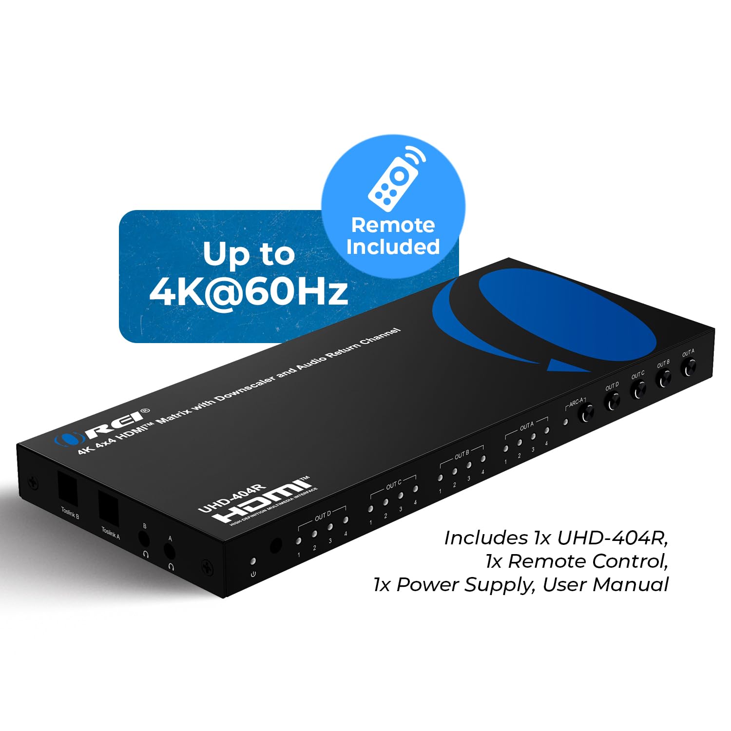 Orei 4X4 4K Hdmi Matrix Switcher Splitter With Remote Control Auto Downscale 4K To 1080P, Hdr10 Support, And Rs-232 Control With