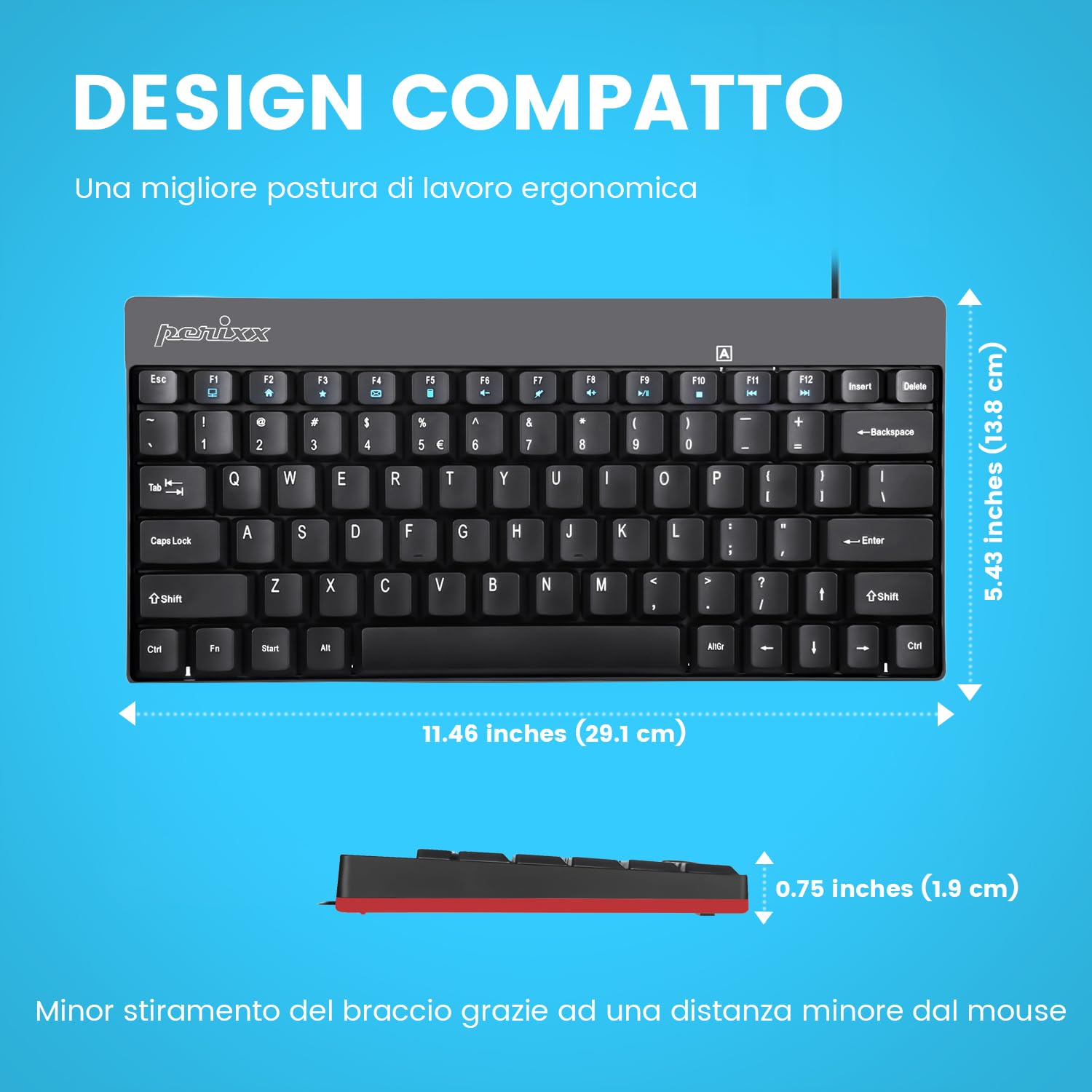 Perixx Periboard 422 Wired Usb C Mini Keyboard, Usb Type C Connector, Black, Us English Layout
