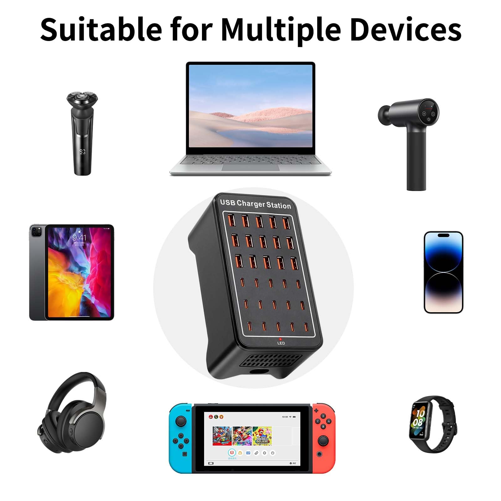 150W(30A) Usb Charging Station, 30-Port Usb C Charger Block, Multiple Desktop/Wall Fast Charger With Intelligent Protection Comp