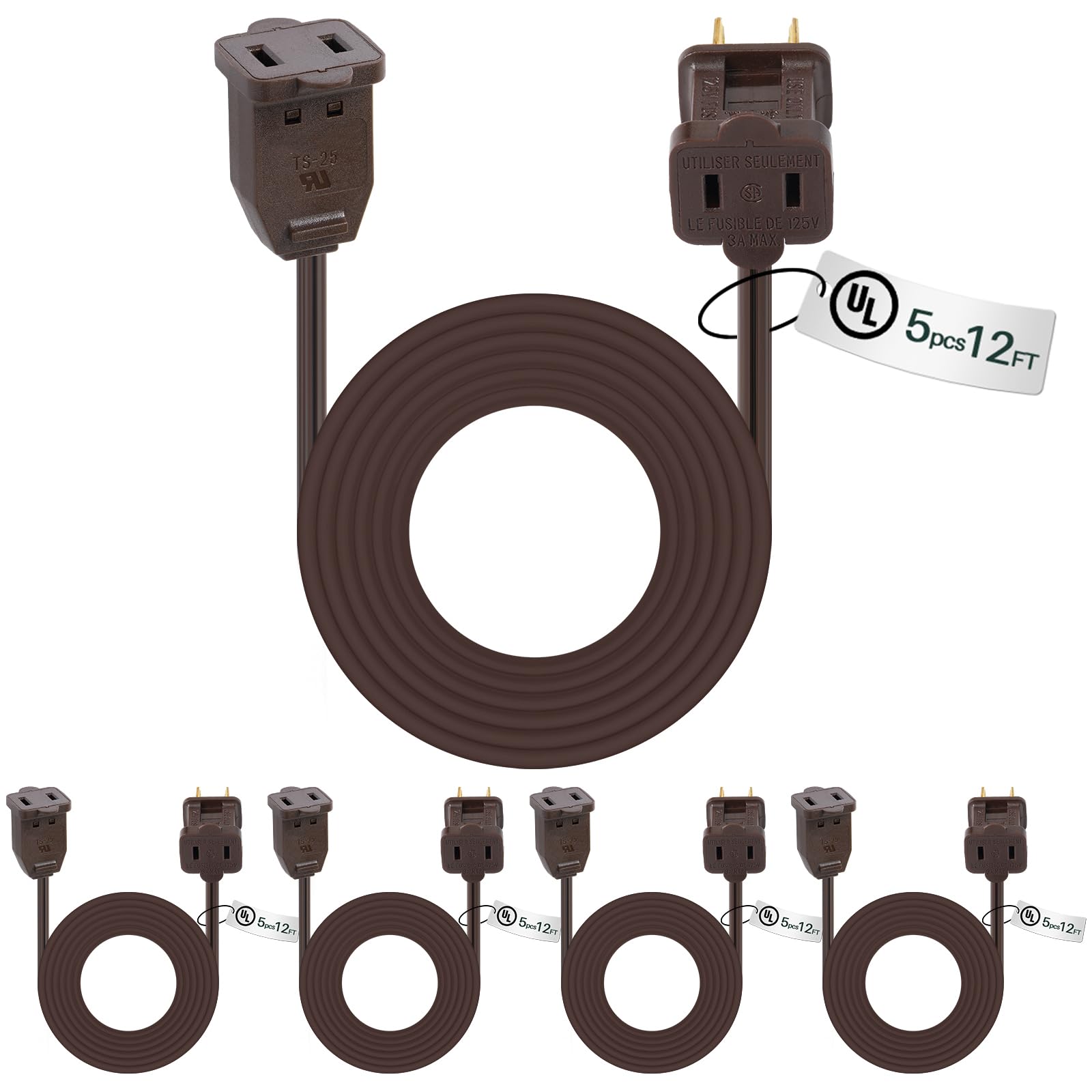 Kanayu 5 Pack 12 ft Brown Indoor Extension Cord 2 Prong Electric Cord Extender, Wire Plug in and End, Ac 120 Volts, for Outdoor 