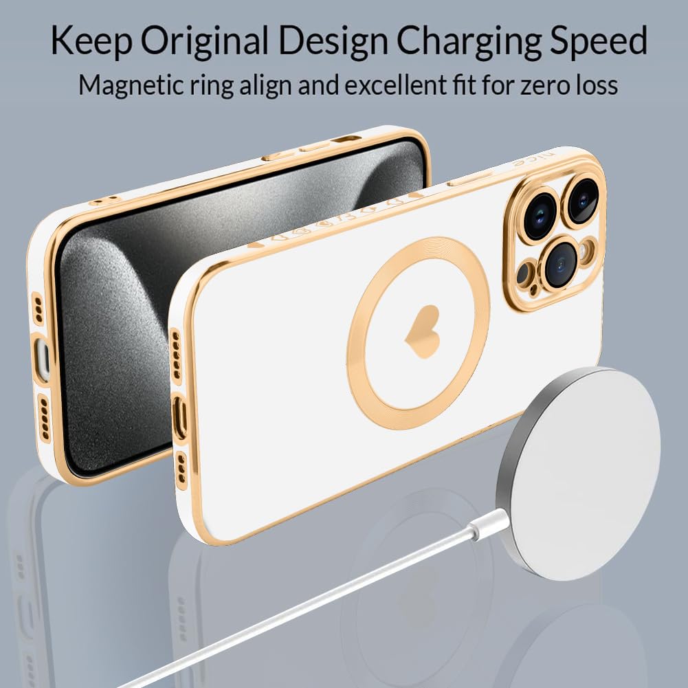 Tharlet Magnetic For Iphone 15 Pro Case [Compatible With Magsafe] Cute Love Luxury Plating Edge Bumper Case With Full Camera Len