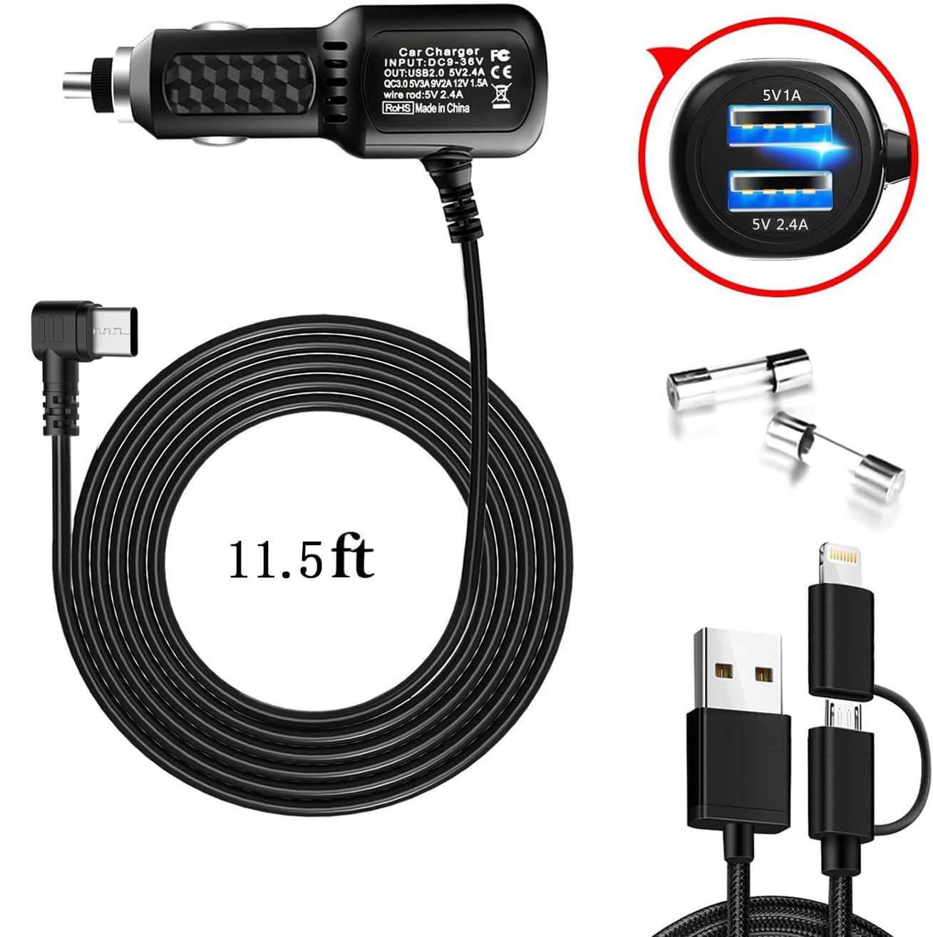 Dash Cam Charger 2024 Upgraded Usb C Car Charger With Dual Usb Port Compatible With, Rexing, Byakov, Akaso, Crosstour, Trekpow, Pruveeo, Oldshark, Garmin And Most Other Dash Cam (11.5Ft)