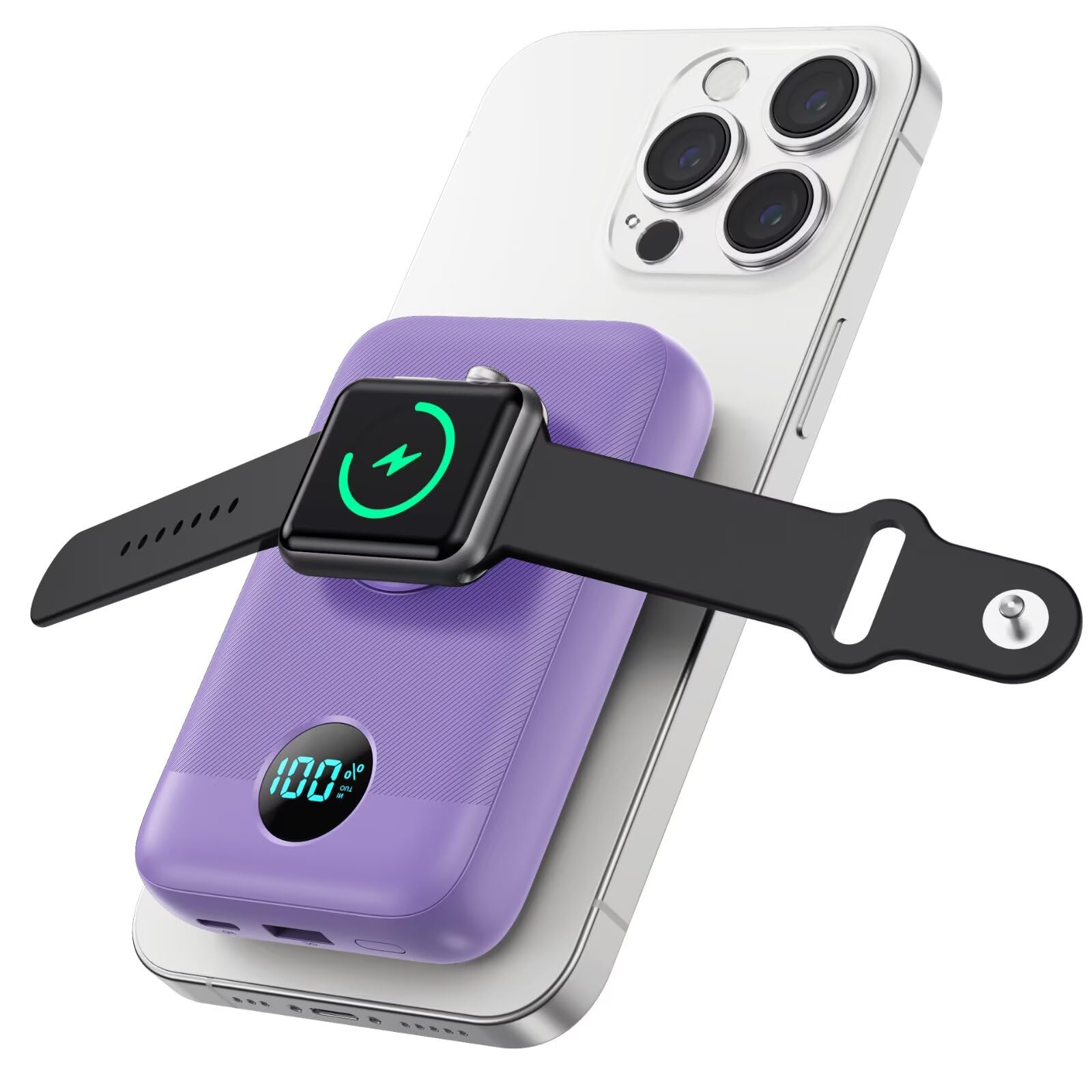 Magnetic Portable Charger for iPhone,10800mAh 4-in-1 Power Bank with iWatch Charger,25W PD Fast Charging Battery Pack for Magsaf