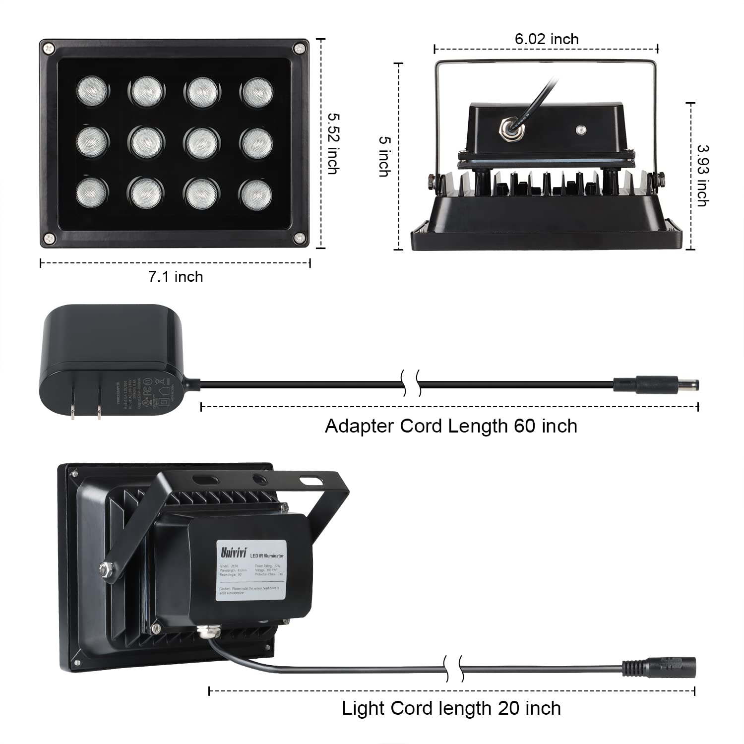 Univivi Infrared Illuminator, 850Nm 12 Leds 90 Degree Wide Angle Ir Illuminator For Night Vision, Waterproof Led Infrared Light