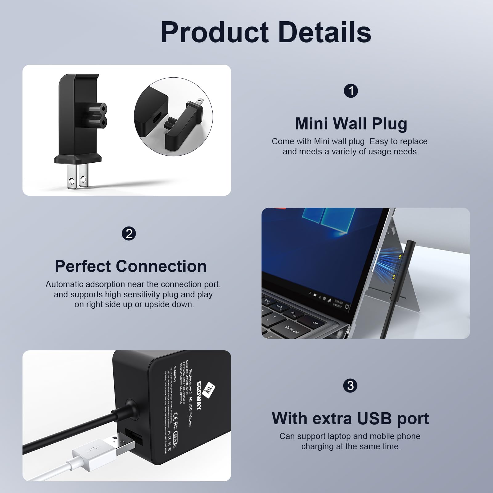 65W Surface Pro Laptop Charger For Microsoft Surface Pro X, 10, 9, 8, 7, 7+, 6, 5, 4, 3/ Surface Laptop 6 5 3 2 1 / Surface Book 2&3 13.5�, Surface Pro Charger, Support 44W, 36W, Led, 6Ft