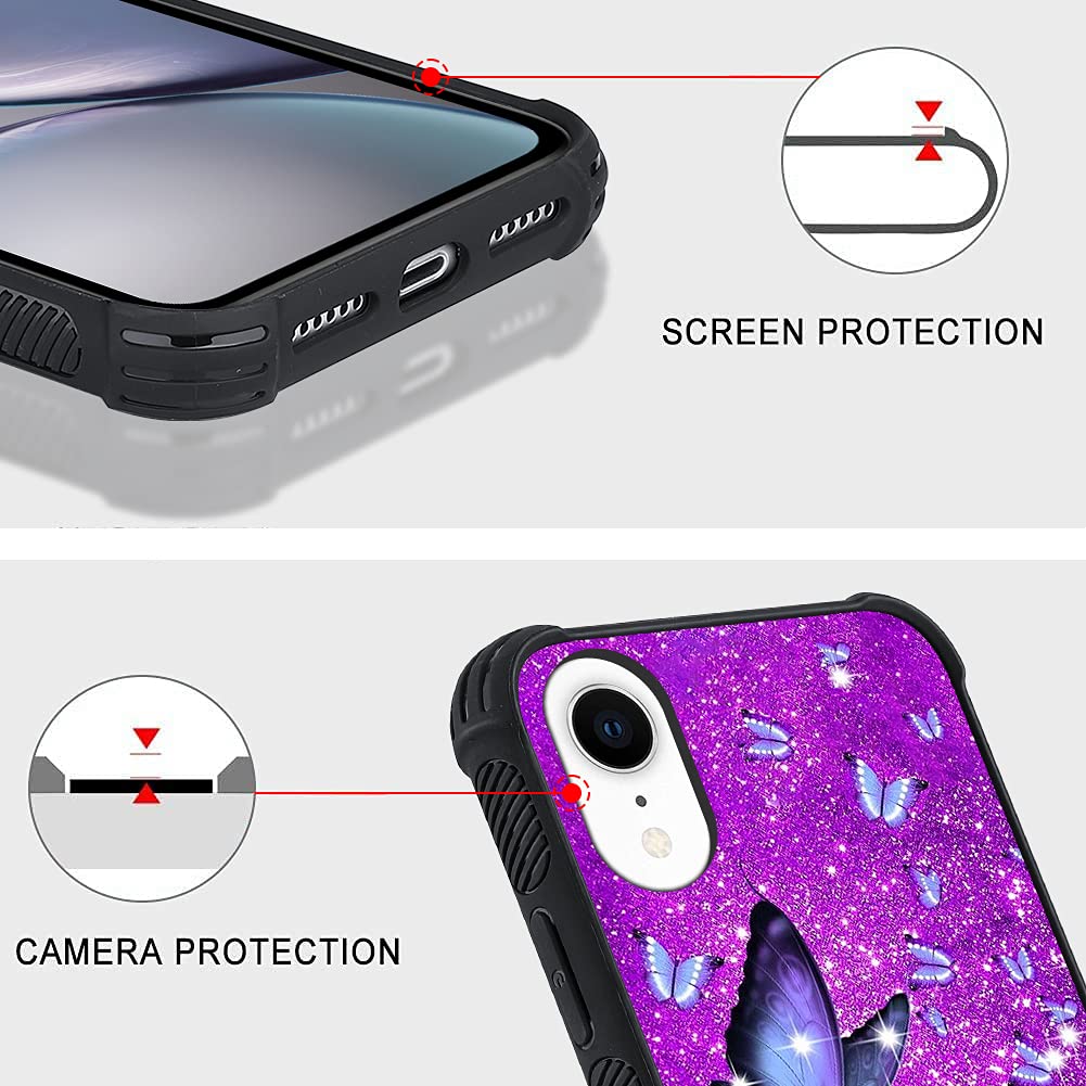 Ziye Designed For Iphone Xr Case Purple Butterfly Hard Lanyard Case With Phone Ring Holder,Full Body Protection Shockproof Drop