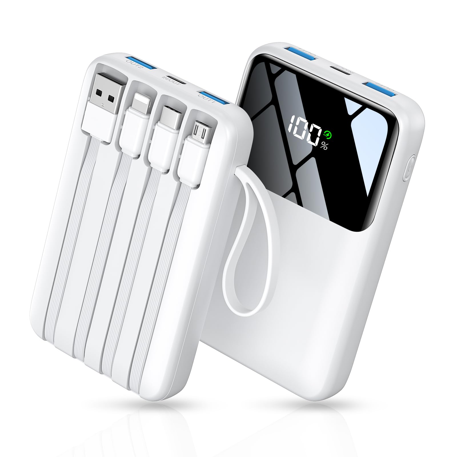HELLEE 15000mAh Portable Charger with Built-in 4 Cables, 22.5W Fast Charging, 6 Outputs, Slim Travel Essential Battery Pack with