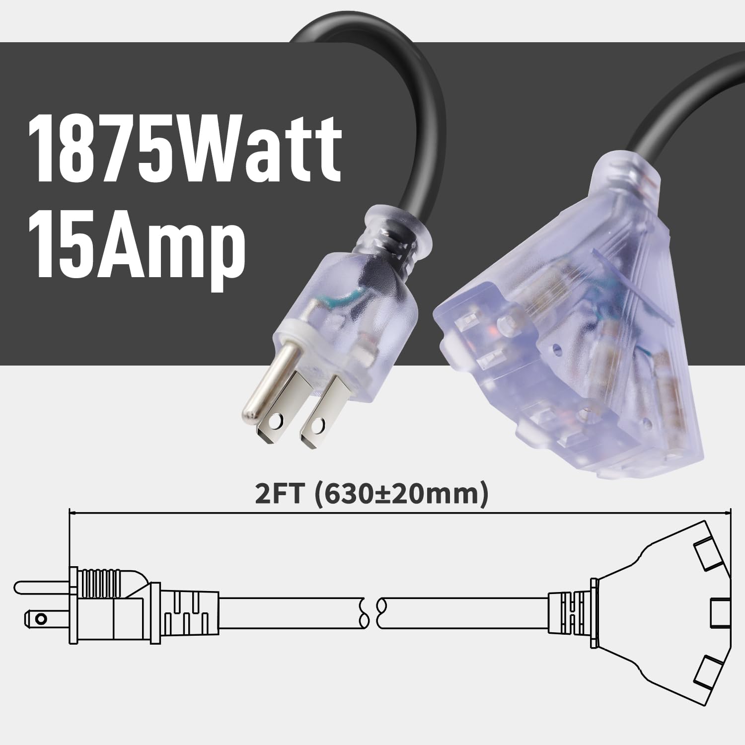 Firmerst 2Ft 3 Outlets Lighted Outdoor Extension Cord 1875W 14Awg Black