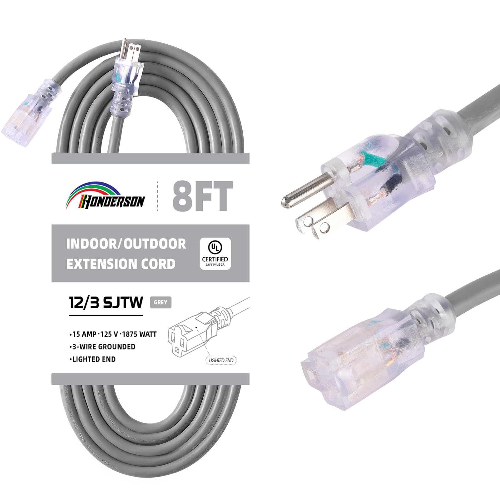 Honderson Indoor Outdoor Extension Cord Weatherproof With Lighted End, Ul Listed, 12 Gauge 8Ft Grey 3 Prong Heavy Duty Extension
