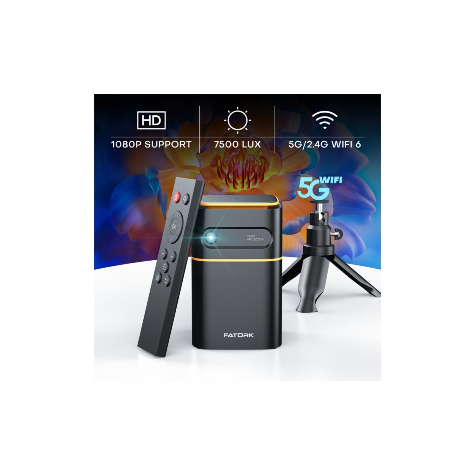 Fatork Mini Projector With 5G Wifi,1080P Hd Small Projector Short Throw With Tripod, Outdoor Projector For Phone, Rechargeable P