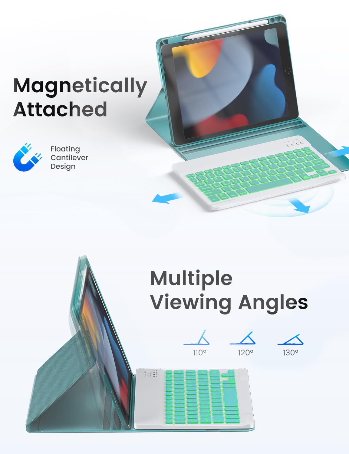 Oyeeice For Ipad 9Th Generation Case With Keyboard   Backlit Wireless Detachable Folio Cover With Pencil Holder For Ipad 9Th/8Th