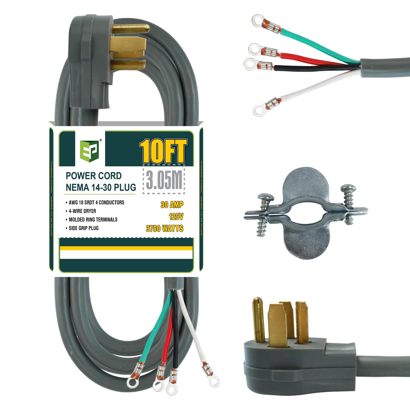 Ep 4 Prong Dryer Cord, 10 Ft 10/4 Srdt, 30Amp Appliance Extension Power Cord, Nema 14 30, Grey
