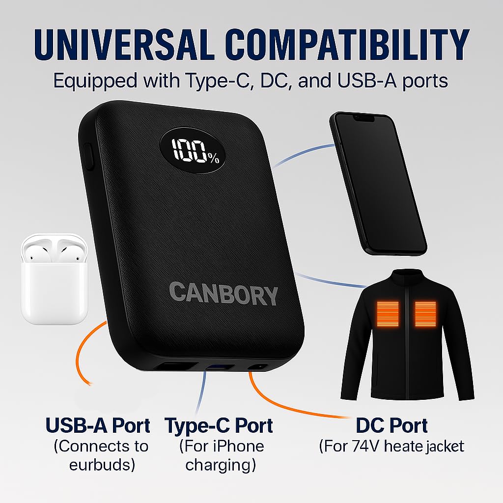 Canbory 5V/7.4V 10000Mah Battery Pack For Heated Vest Compatible With Multi Dc Port, Ultra-Light And Ultra-Slim Portable 5V/7.4V