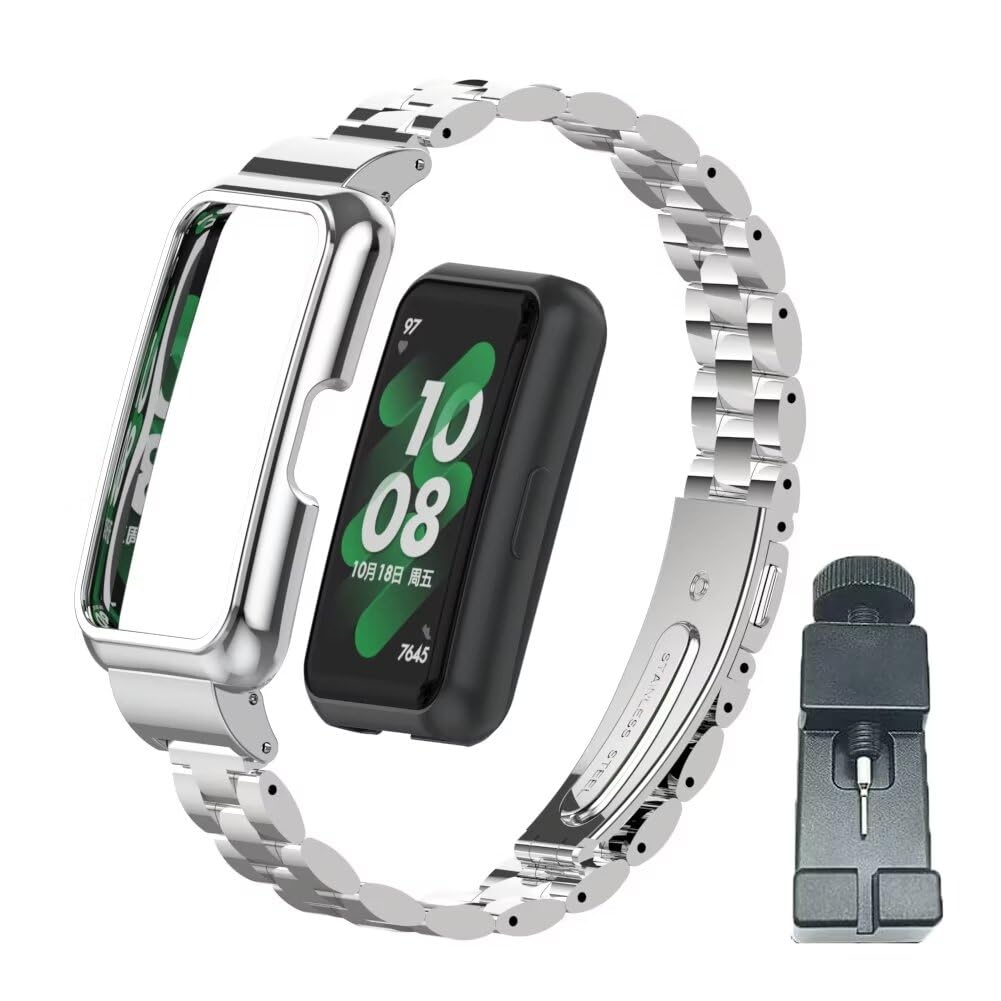 T Bluer Compatible For Huawei Band 9/8/7 Bands,Stainless Steel Metal Replacement Strap Bracelet With Metal Frame For Huawei Band