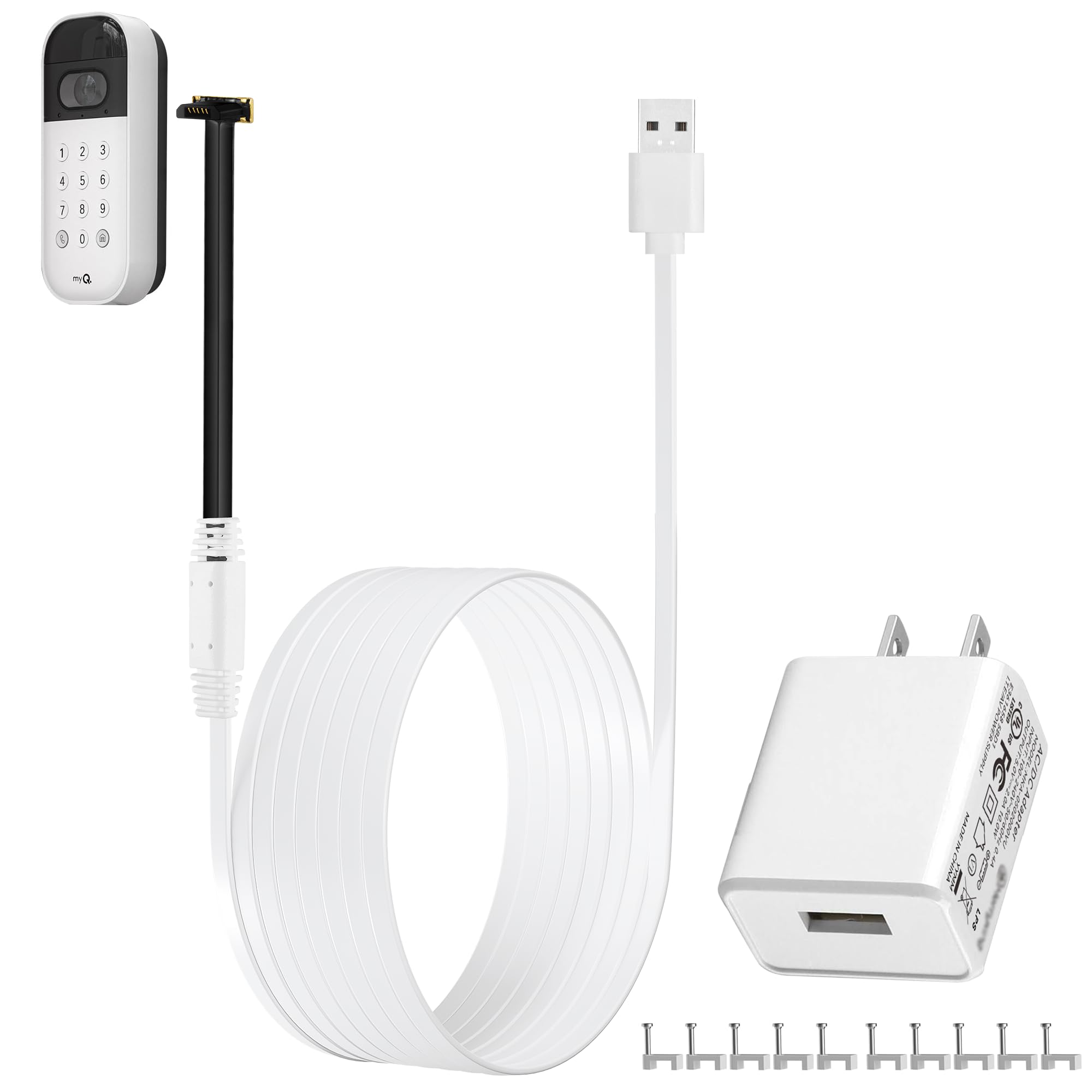 26.4ft/8m Power Cable and Adapter for myQ Smart Garage Door Video Keypad, Weatherproof Outdoor Flat Charging Cable Continuously 