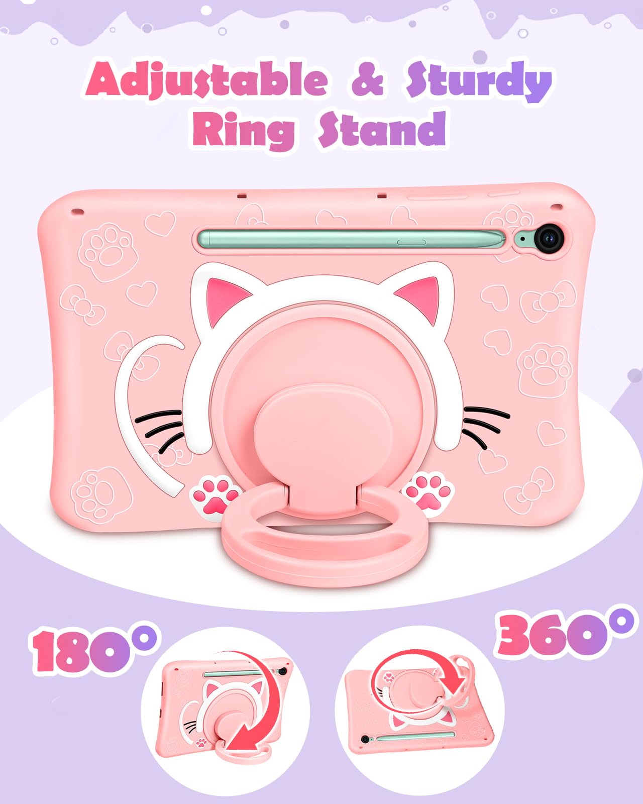 Wazzasoft For Samsung Galaxy Tab S9 Fe 5G Case 10.9 Inch Girls Cute Cat Kawaii Cover Girly 3D Cartoon Women Kitten With Rotating