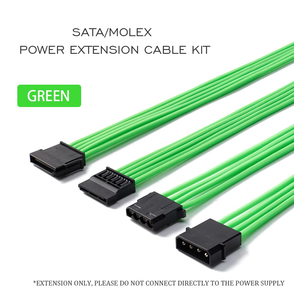 Formulamod Sata + Molex Power Extension Cable Kit, Male To Female 11.8 Inch Extender Sleeve Power Cables (Green)