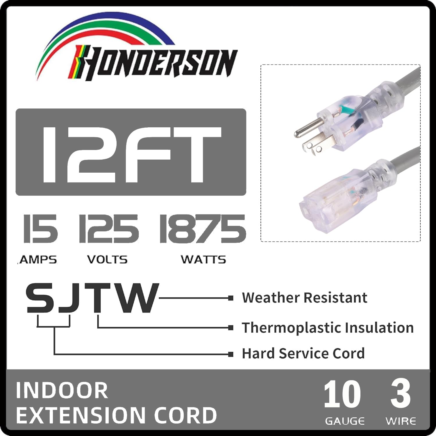 Honderson Indoor Outdoor Extension Cord Weatherproof With Lighted End, Ul Listed, 10 Gauge 12Ft Grey 3 Prong Heavy Duty Extensio