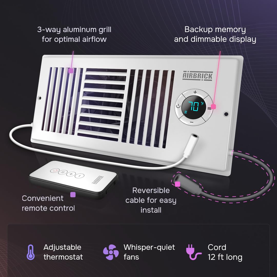 Airbrick Smart 4'' X 10'' Ac Vent Register Booster Fan With Remote Control And Thermostat. Enhances Hvac Airflow For Heating, Co