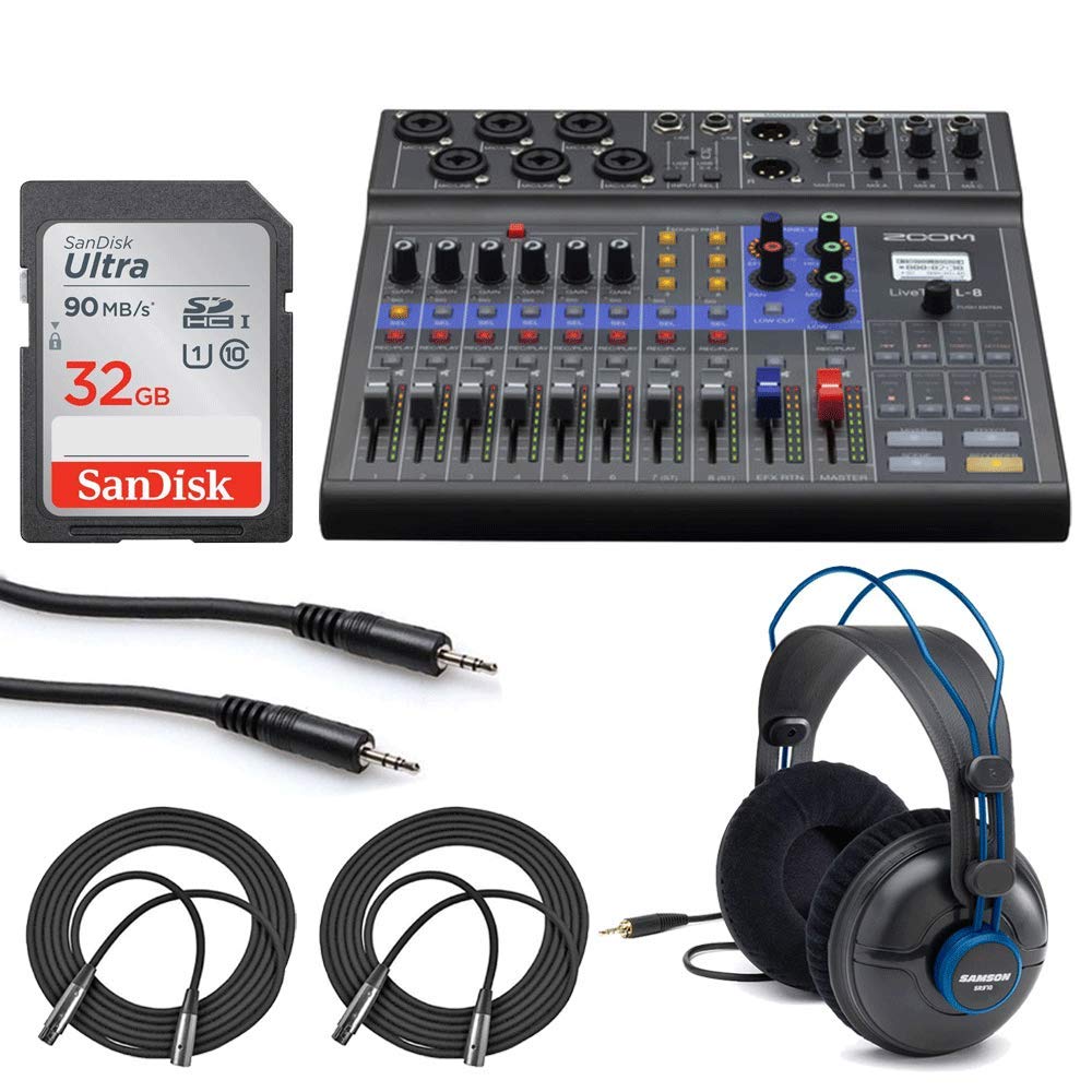 Zoom Livetrak L 8 Portable 8 Channel Digital Mixer And Multitrack Recorder Bundle With 32Gb Memory Card + Studio Headphones + St