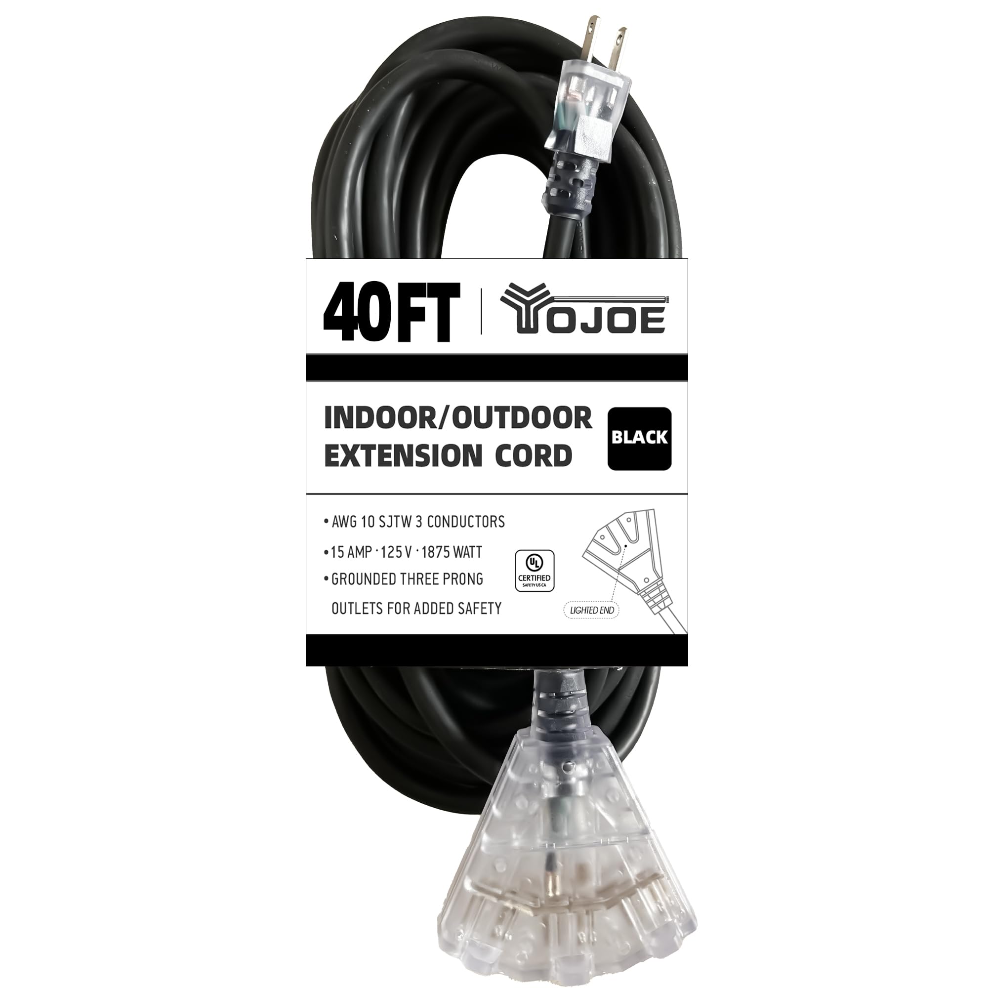Yojoe 40 Foot 10/3 Lighted Outdoor Extension Cord With 3 Power Outlets   10 Gauge 3 Prong Sjtw Heavy Duty Black Extension Cable