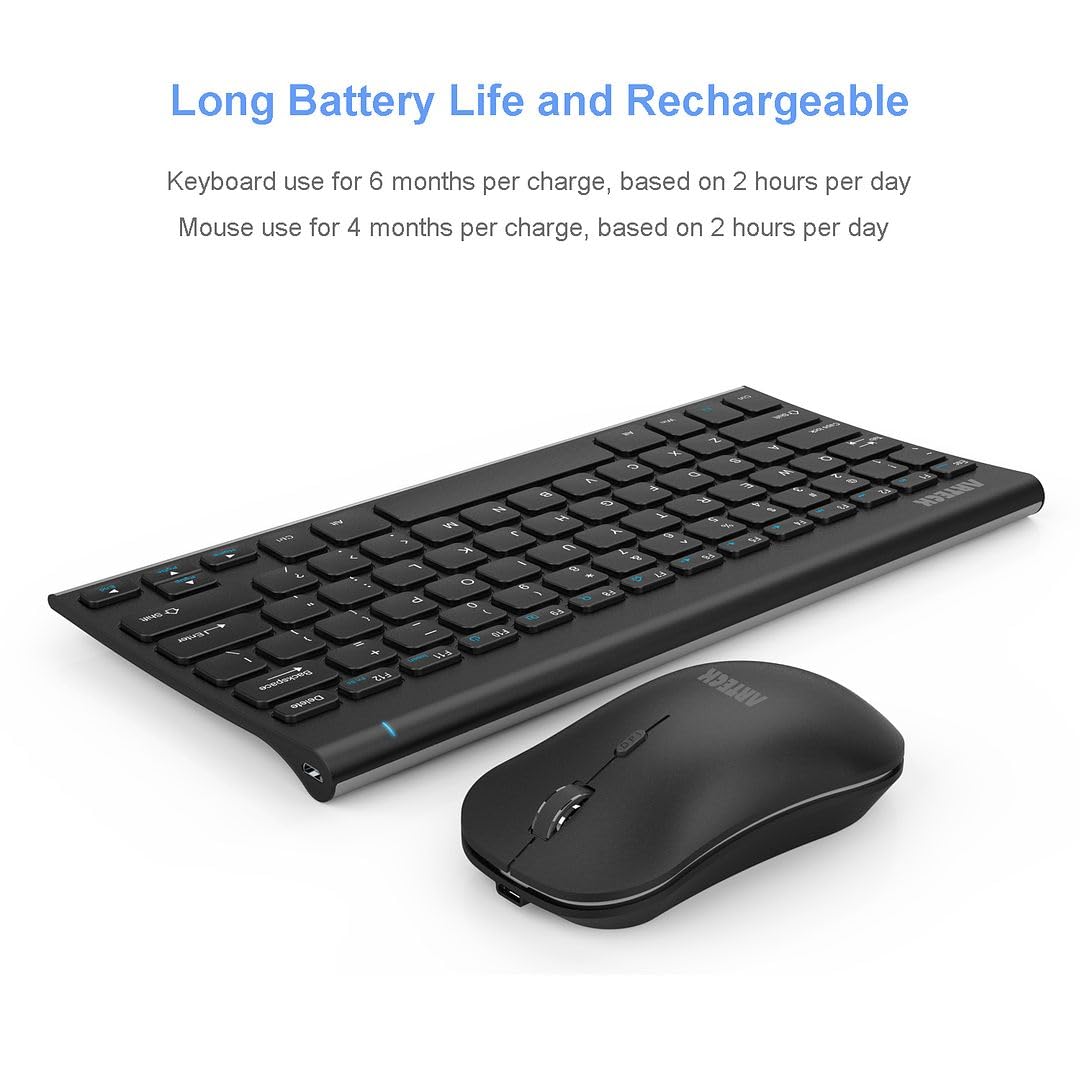 Arteck 2.4G Wireless Keyboard And Mouse Combo Ultra Compact Slim Stainless Full Size Keyboard And Ergonomic Mouse For Computer/D