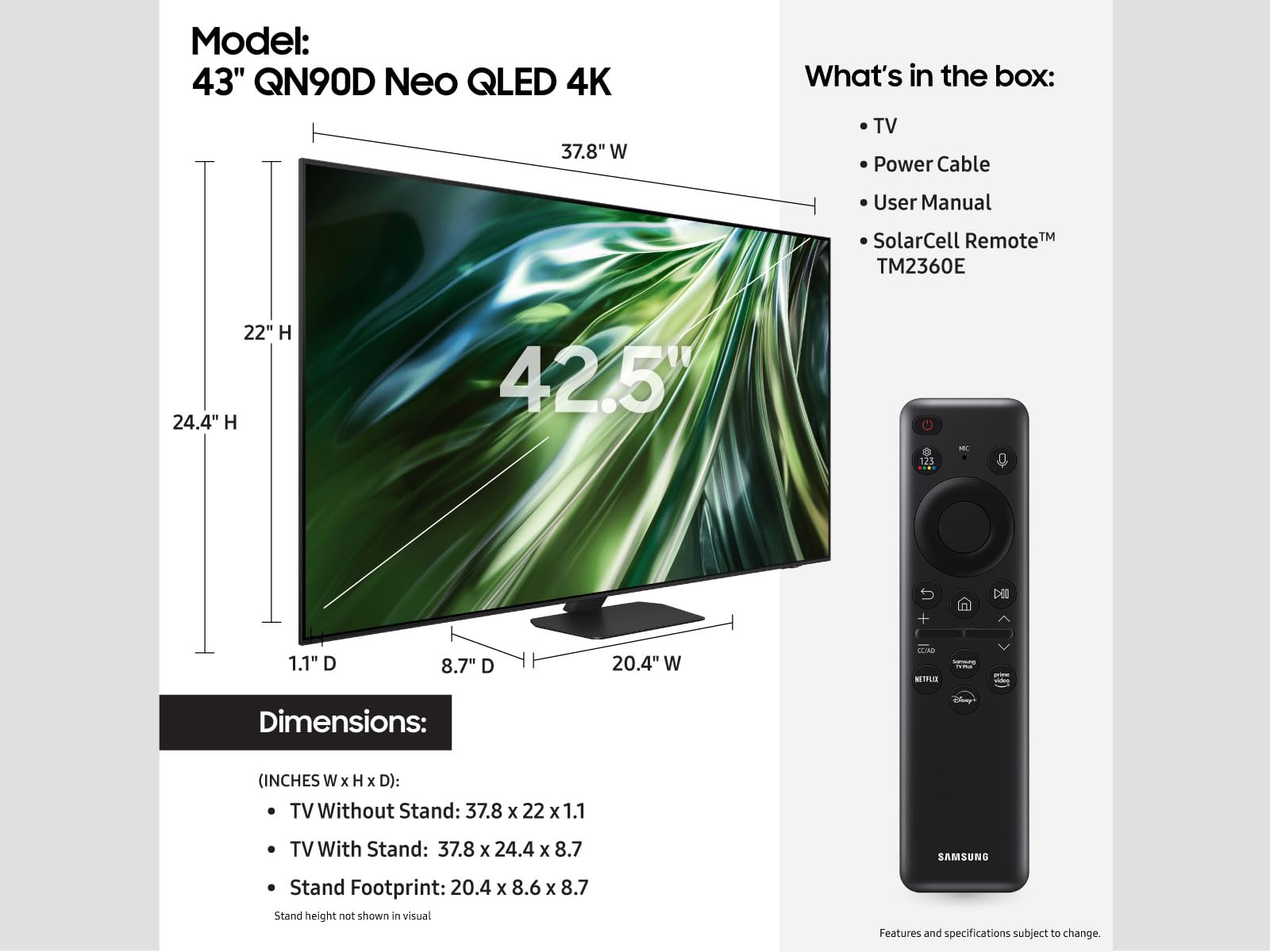 Samsung 43 Inch Class Qled 4K Qn90D Series Neo Quantum Hdr Smart Tv W/Dolby Atmos, Object Tracking Sound Lite, Motion Xcelerator