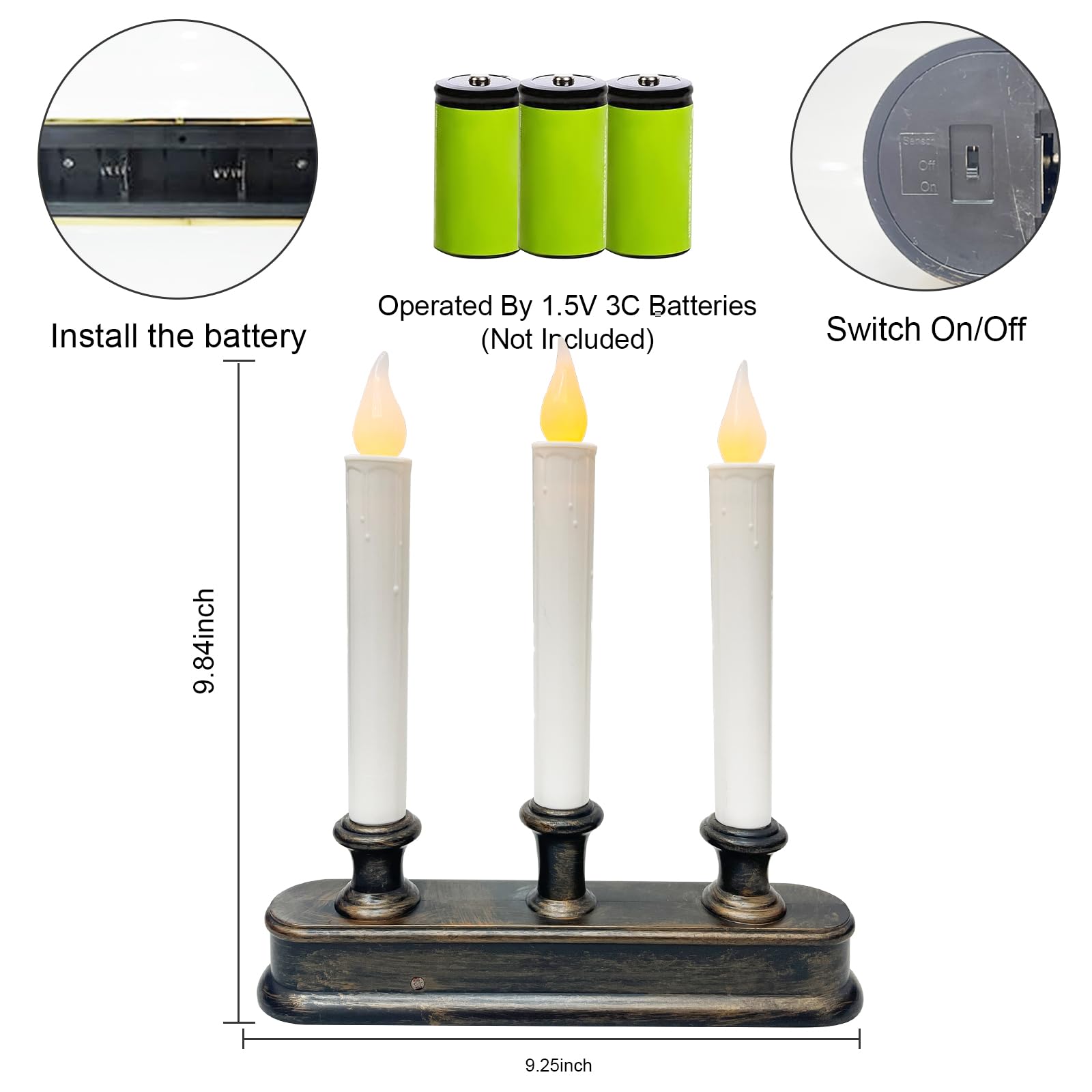 Bokoiuu Christmas Window Candle Lights, 3 Lights Battery Powered Window Candles,Window Candle Flameless Flicker Led Lights With