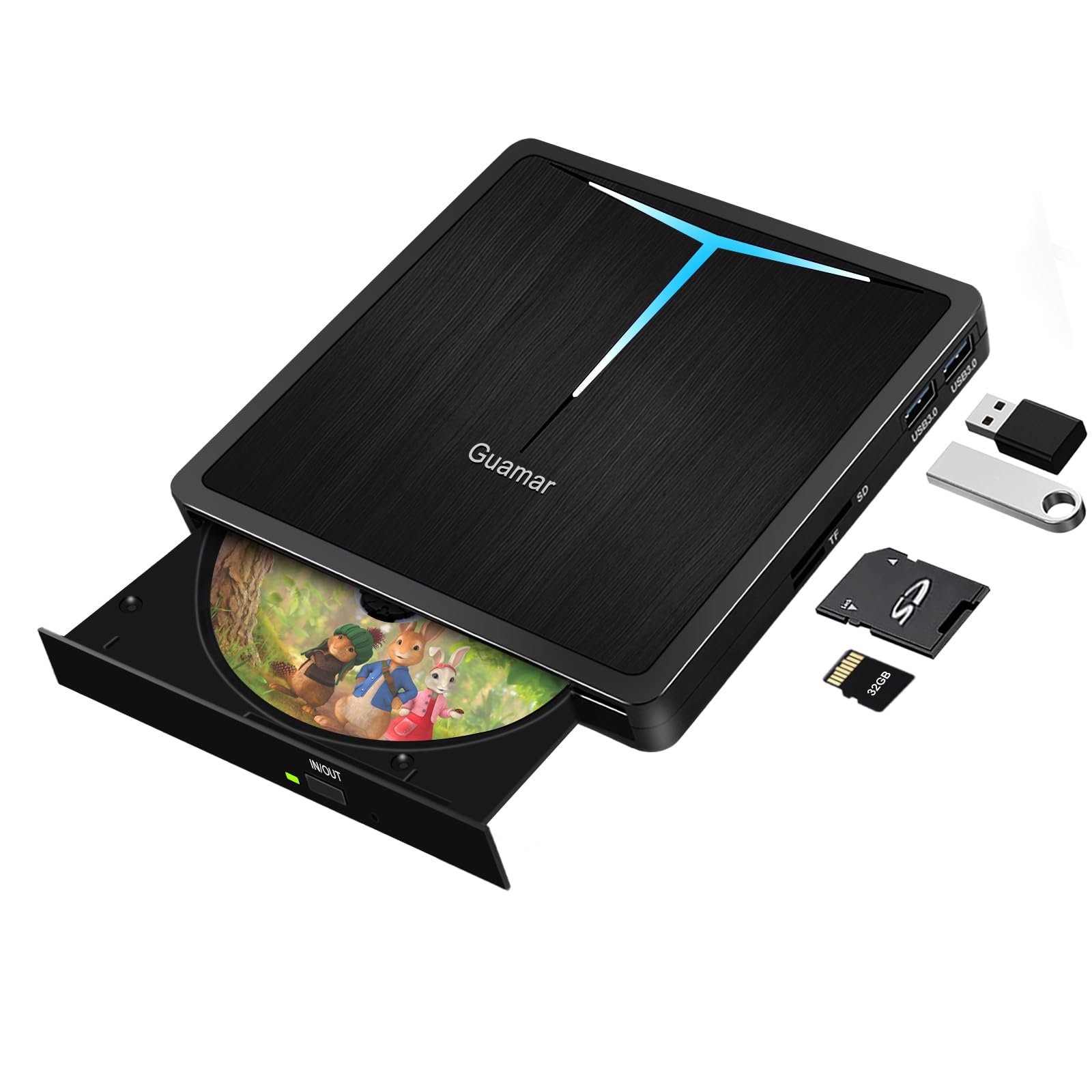 Guamar External Dvd Drive, Usb 3.0 Dvd Player For Laptop With 2 Usb/Sd/Tf Slot, Cd Drive External Usb Portable Cd/Dvd Burner Dis