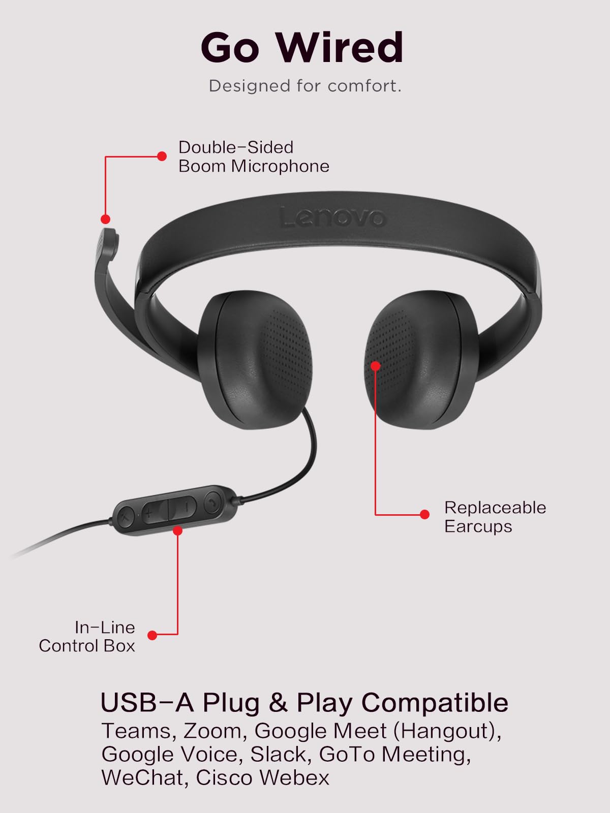 Lenovo Usb A Wired Stereo Headset For Pc/Laptop, Ai Noise Canceling Via App, 140G Lightweight, Replaceable Earcups, Double Sided