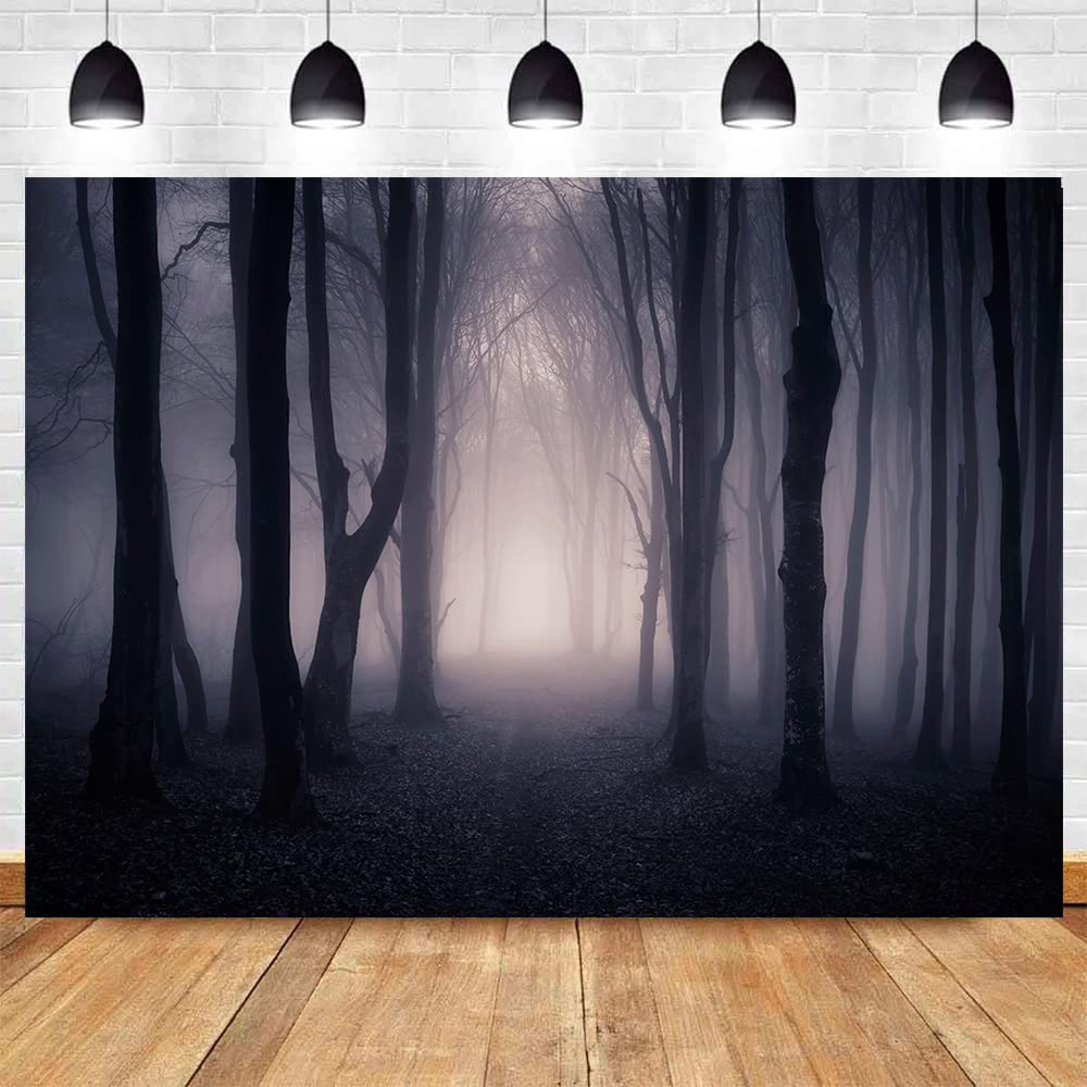 MAQTT 7x5ft Misty Dark Forest Backdrop for Halloween Party Decoration Scary Halloween Night Photography Backdrop Vampire Witch W