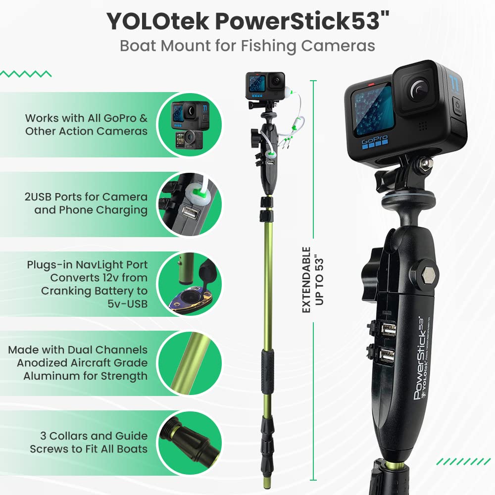 Powerstick 53'' Stick Only Gopro Boat Mount & Constant Power Yolotek Veteranowned. Go Pro Camera Bass Boat Accessories. Gopro Mo