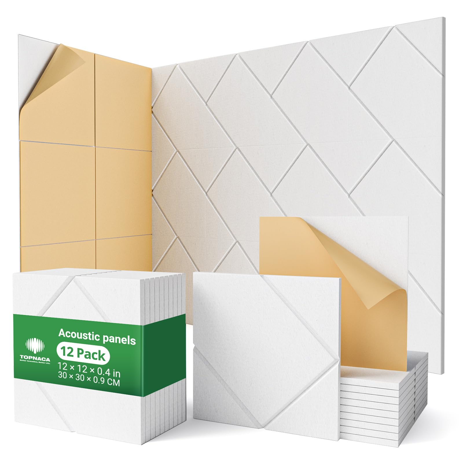 Topnaca Decorative Acoustic Soundproof Walls Panels for Room, 12 Pack White Self Adhesive Sound Absorbing and Noise Reducing Til