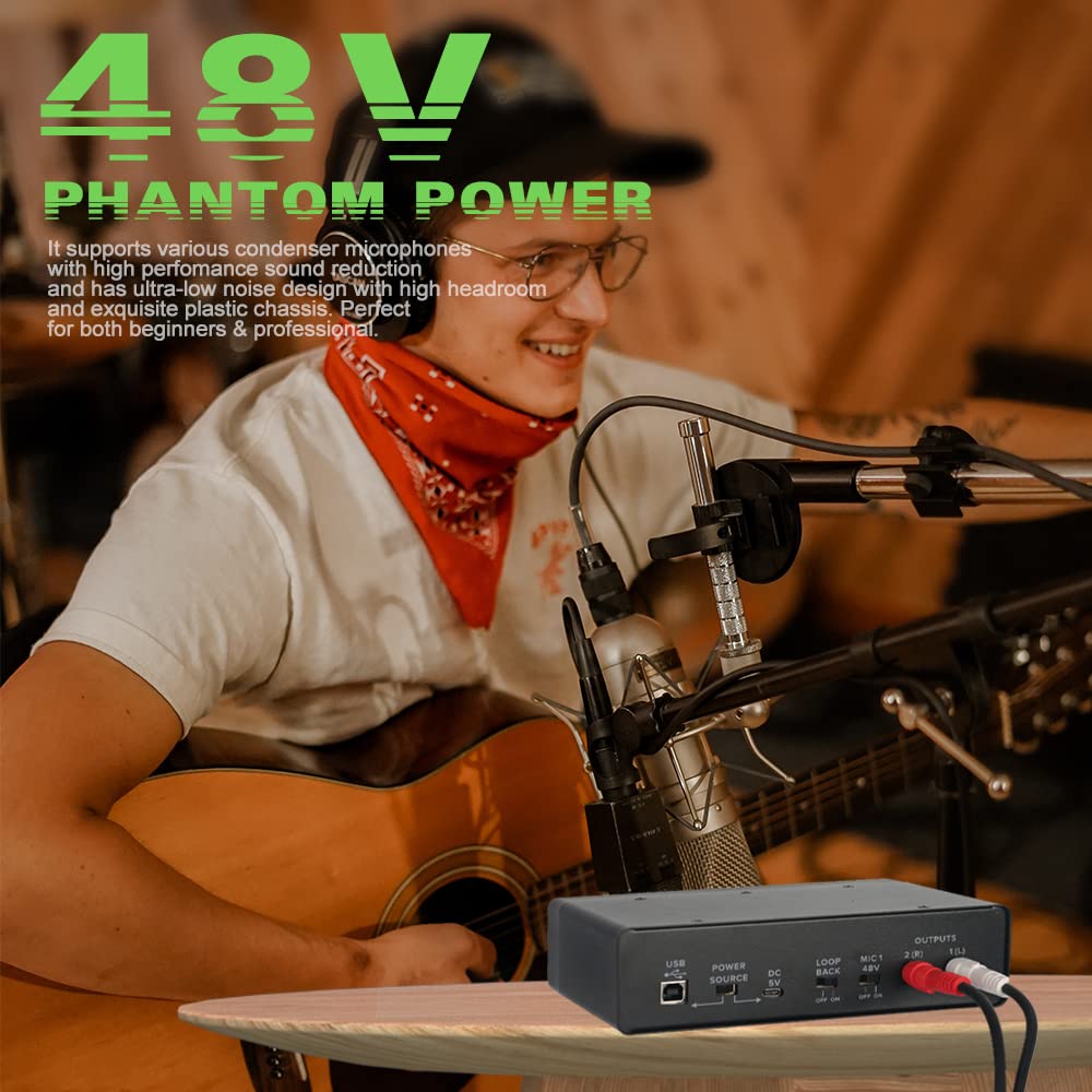 Bomge Usb Audio Interface(32Bit/192 Khz) With Xlr,Phantom Power,Direct Monitoring,Loopback For Pc Recording,Streaming,Guitarist,