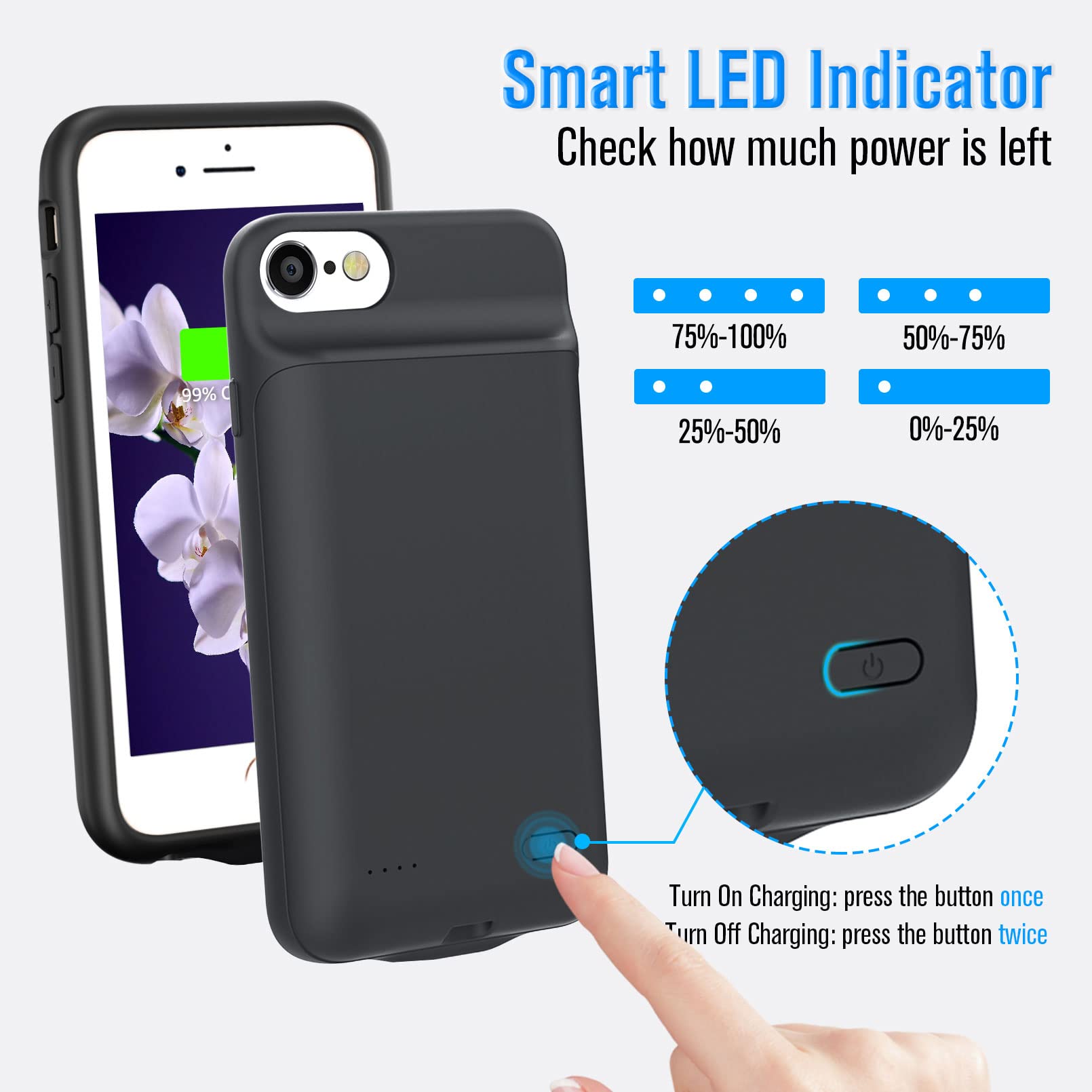 Battery Case For Iphone 8/7/6S/6/Se(2020/2022), Powerful 6000Mah Portable Rechargeable Protective Charging Case For Iphone 8/7/6