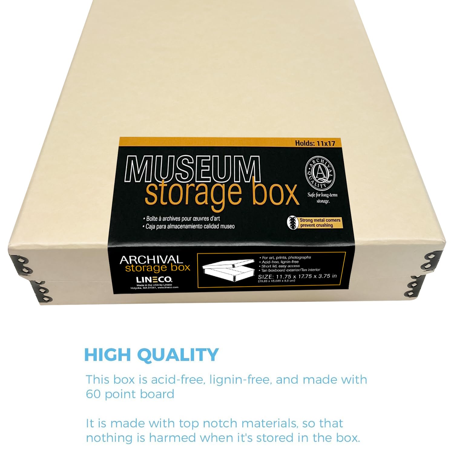 Lineco, 11X17 Tan Museum Archival Storage Box, Acid Free With Metal Edge. Preserves Picture Longevity, Organize Photos Or Docume