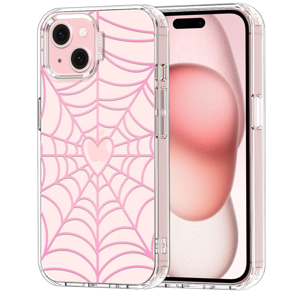 MOSNOVO for iPhone 15 Case, Shockproof Military-Grade Protection 6.6ft Drop Tested, Clear Phone Case for iPhone 15, Pink Spiderw