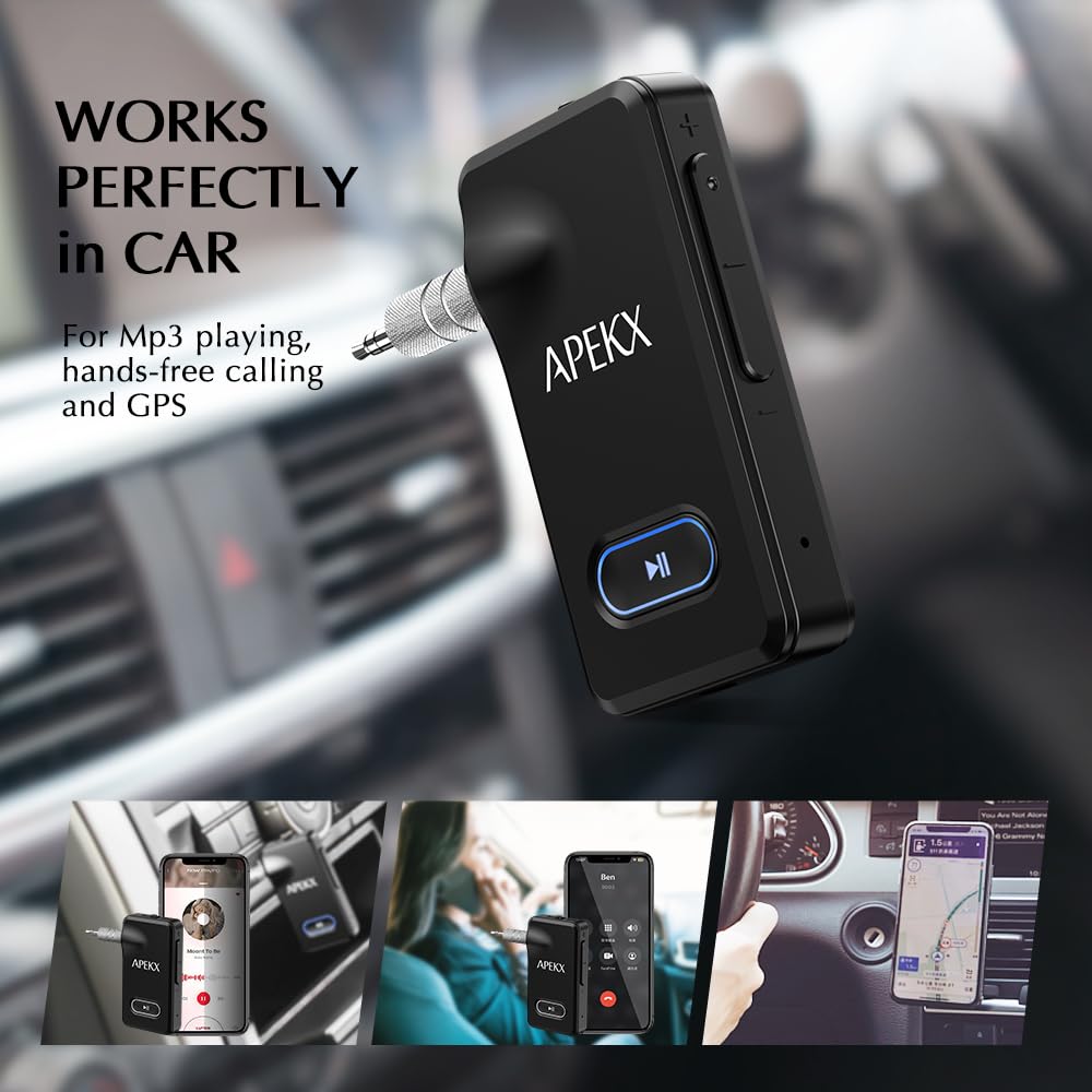 Apekx Bluetooth Adapter For Car, Wireless 3.5Mm Aux Hi-Fi Audio Receiver With 15H Battery Life, For Home Stereo, Wired Headphone